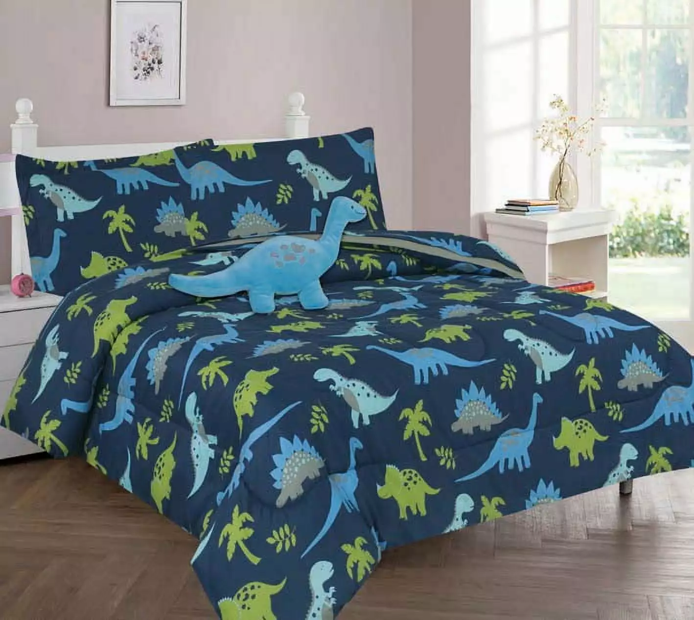 Complete bed in bag comforter full size 8pc big dinosaur bedding comforter with plushie toy friend and matching sheet set for kids bedroom d??cor for girls boys