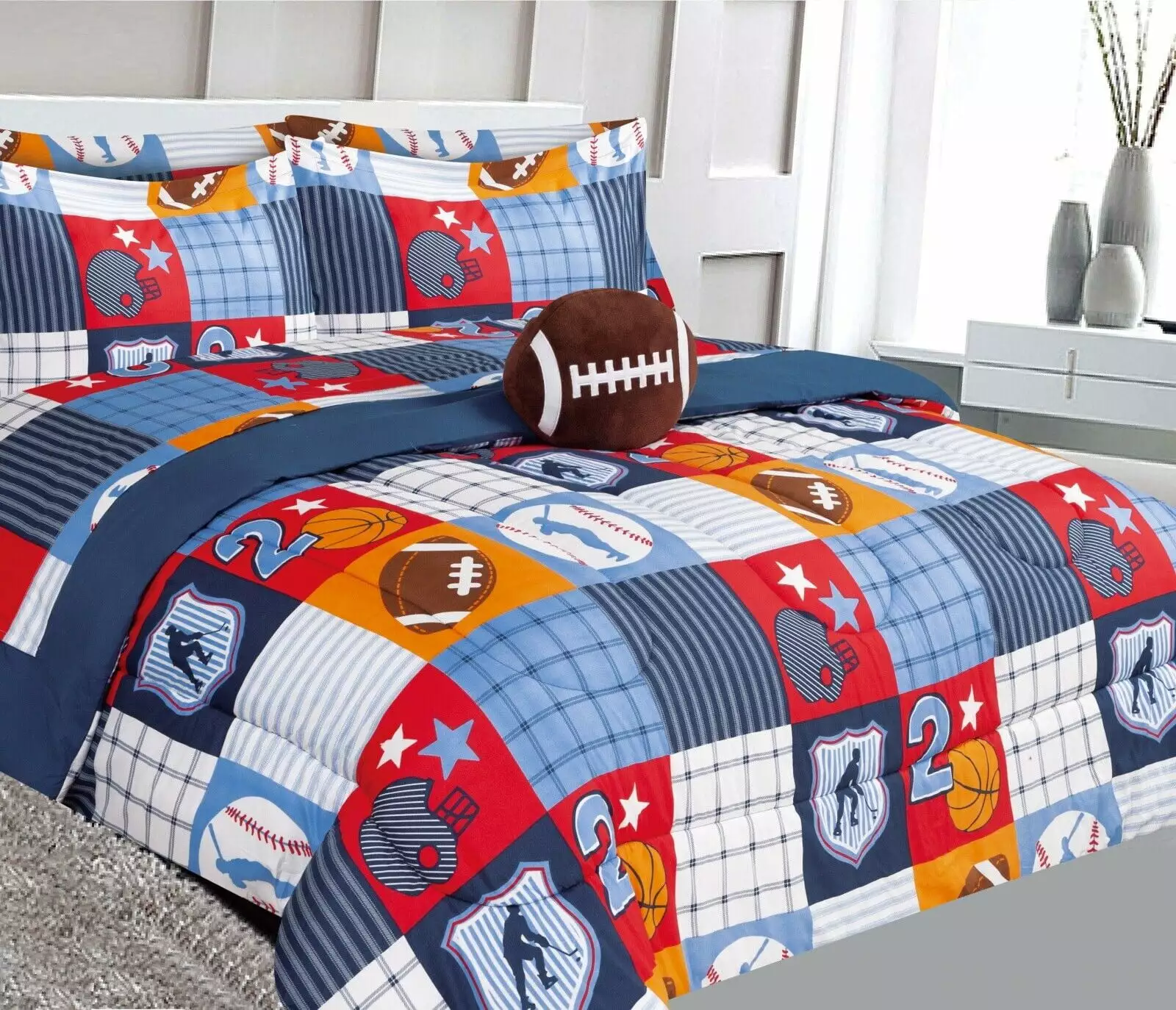 Complete bed in bag comforter full size 8pc patchwork bedding comforter with plushie toy friend and matching sheet set for kids bedroom d??cor for girls boys