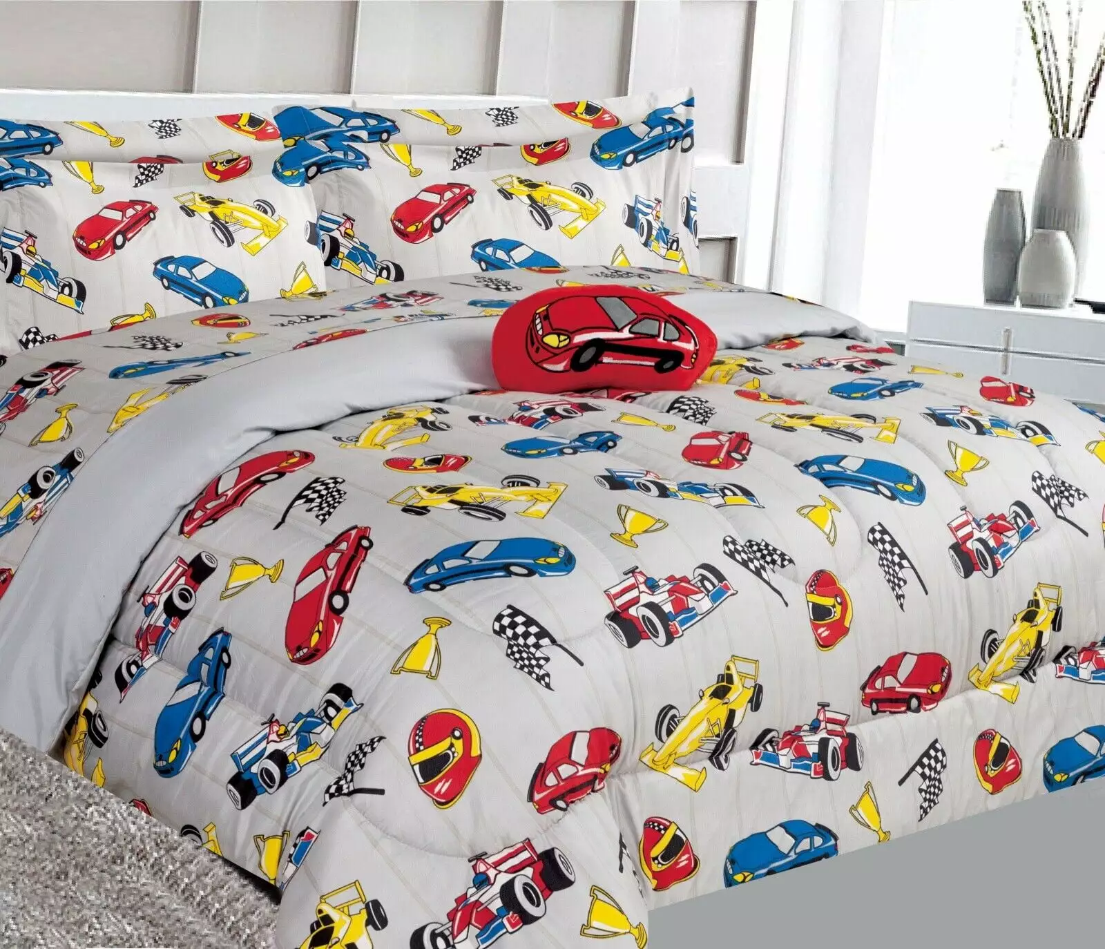 Complete bed in bag comforter full size 8pc race cars red bedding comforter with plushie toy friend and matching sheet set for kids bedroom d??cor for girls boys