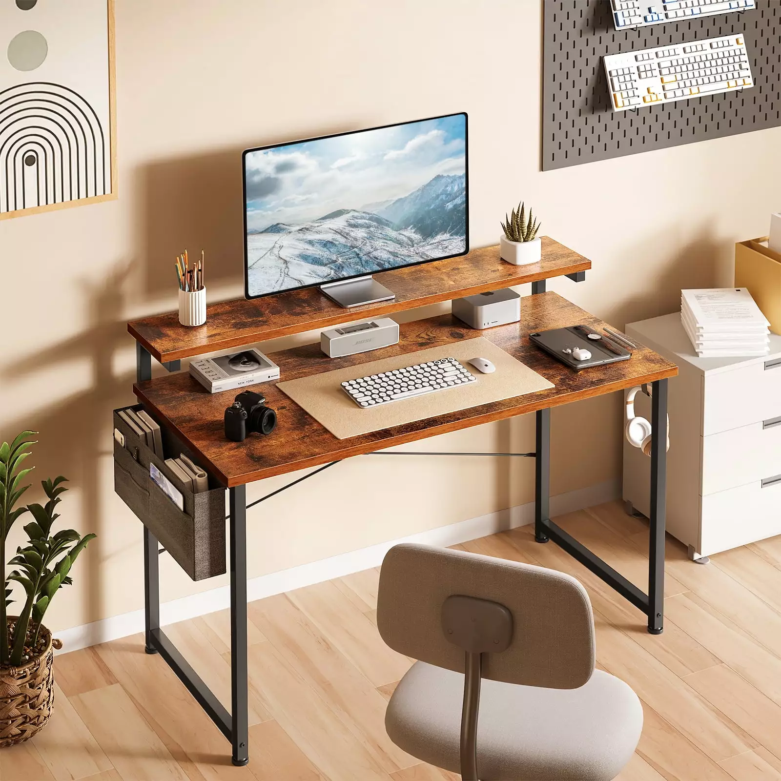 Computer Desk with Adjustable Monitor Stand(3.9. 5.1. 6.3). 48 inch Home Office Desk with Storage Bag. Simple Modern Style Laptop Desk for Small Space. Vintage