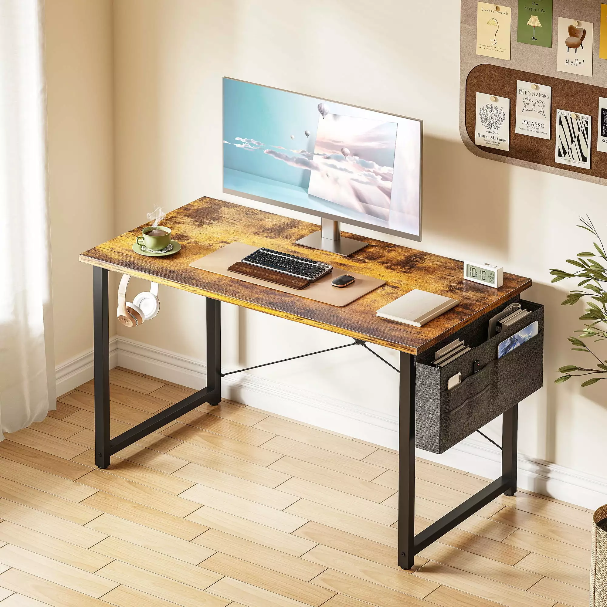 Computer Writing Desk 40 inch. Sturdy Home Office Table. Work Desk with a Storage Bag and Headphone Hook.Vintage