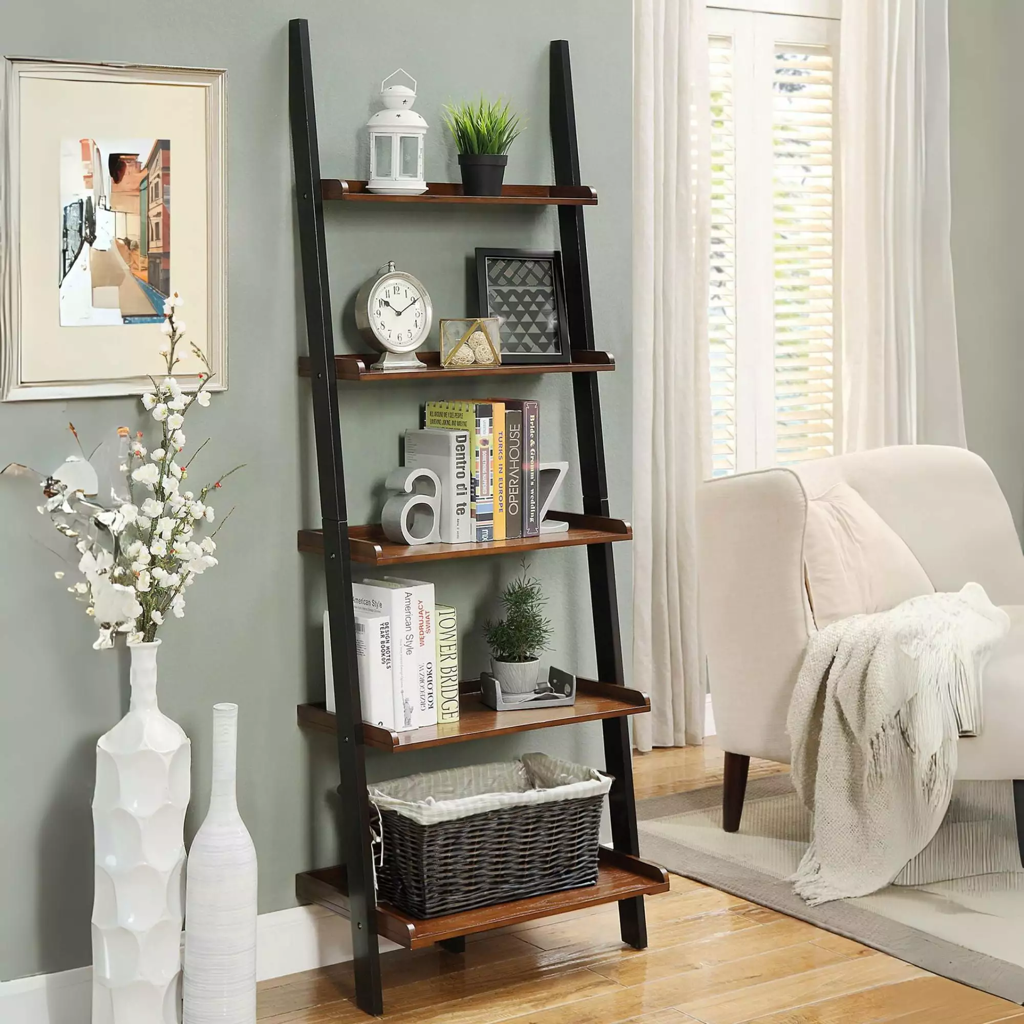 Convenience Concepts French Country Bookshelf Ladder in Dark Brown Walnut Wood