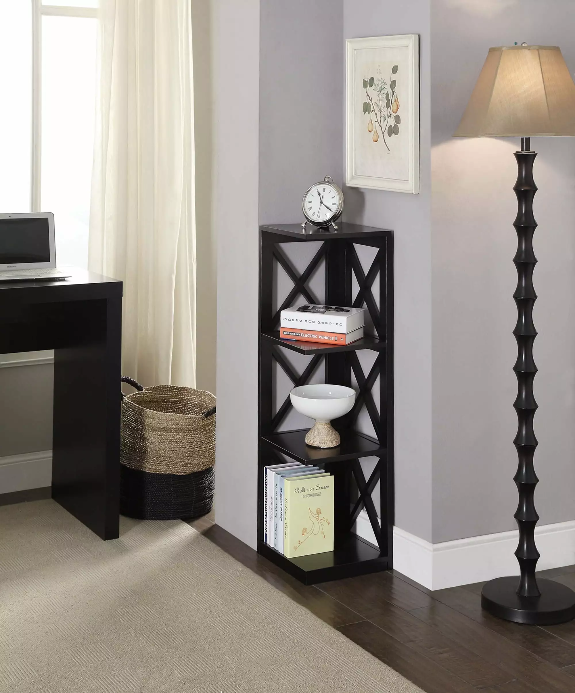 Convenience Concepts Oxford 3 Shelf Corner Bookcase in Black Wood Finish