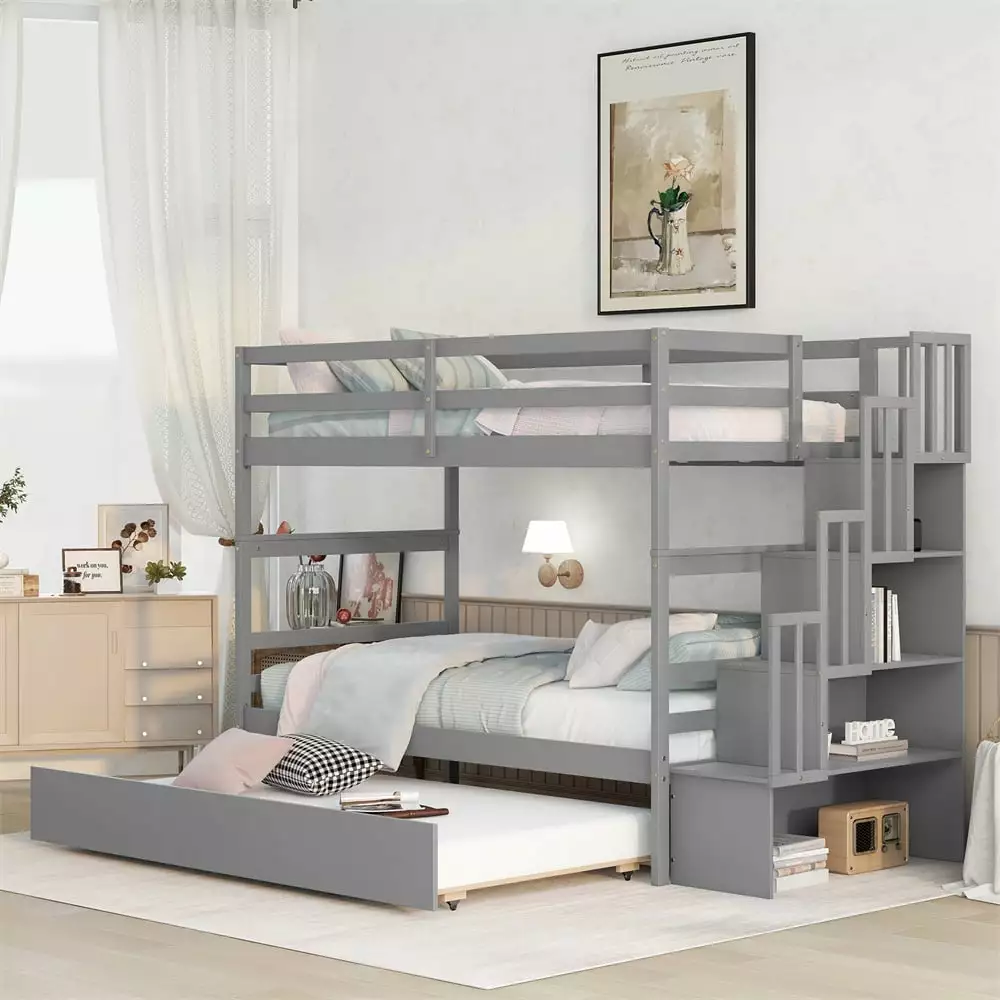 Convertible Bunk Bed with Trundle and Stairs. Solid Wood Twin Over Twin Bunk Bed Frame with Full-Length Guardrail. Handrail and Storage Stairway. Multifunctional Bunk Bed. No Box Spring Needed. Gray