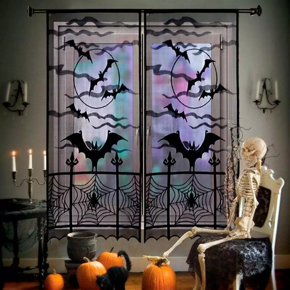 Coolmade 2pcs Black Halloween Lace Window Curtain. Spider Web Bats Door Curtain Panel Decor for Spooky Halloween Holiday Party Decoration. 40 x 84 Inch