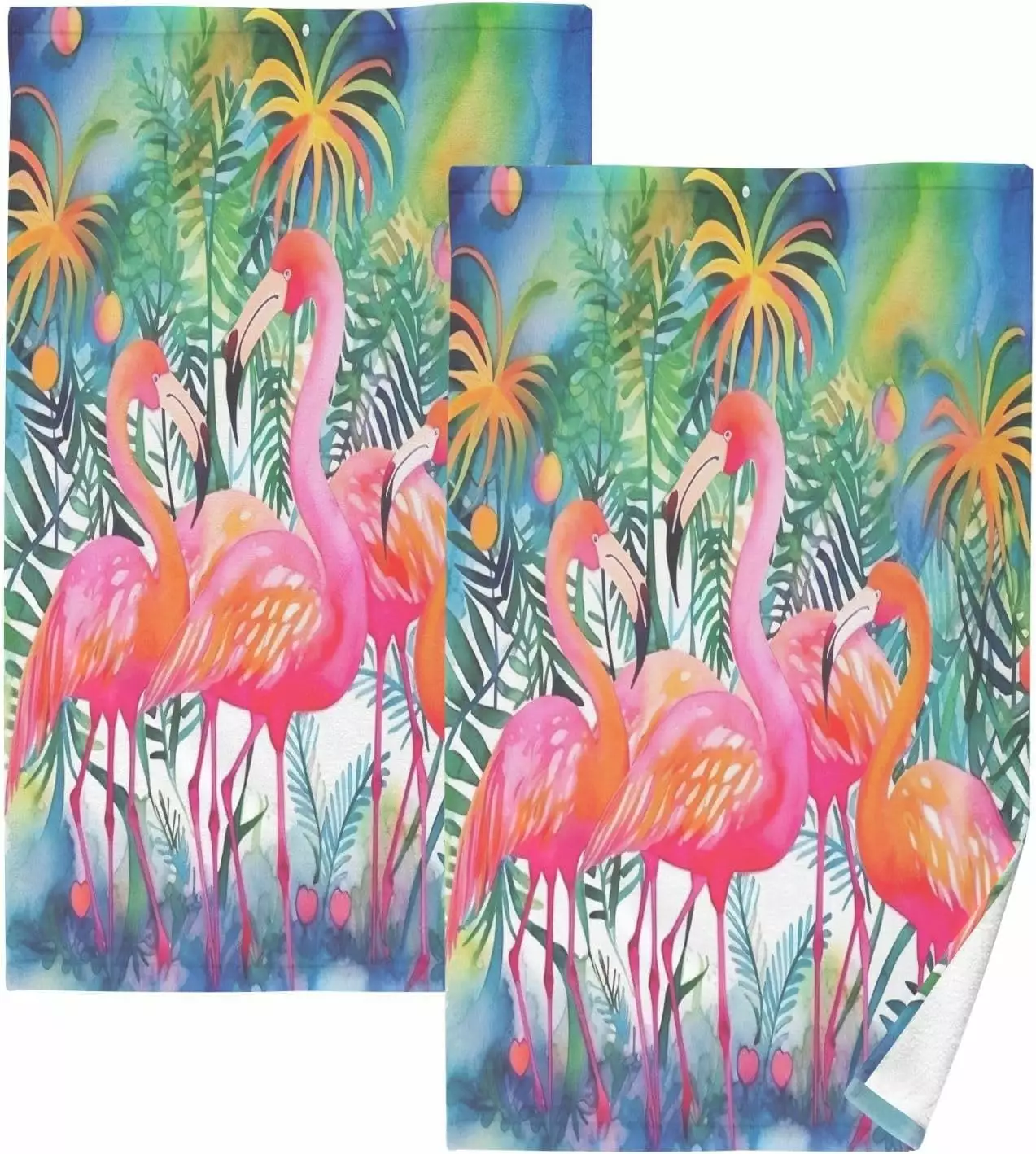 Coolnut Flamingos Palm Hand Towels Set of 2. Highly Absorbent Soft Cotton Face Towels Bathroom Decorative Towel for Beach Gym Spa Shower. 16x28In