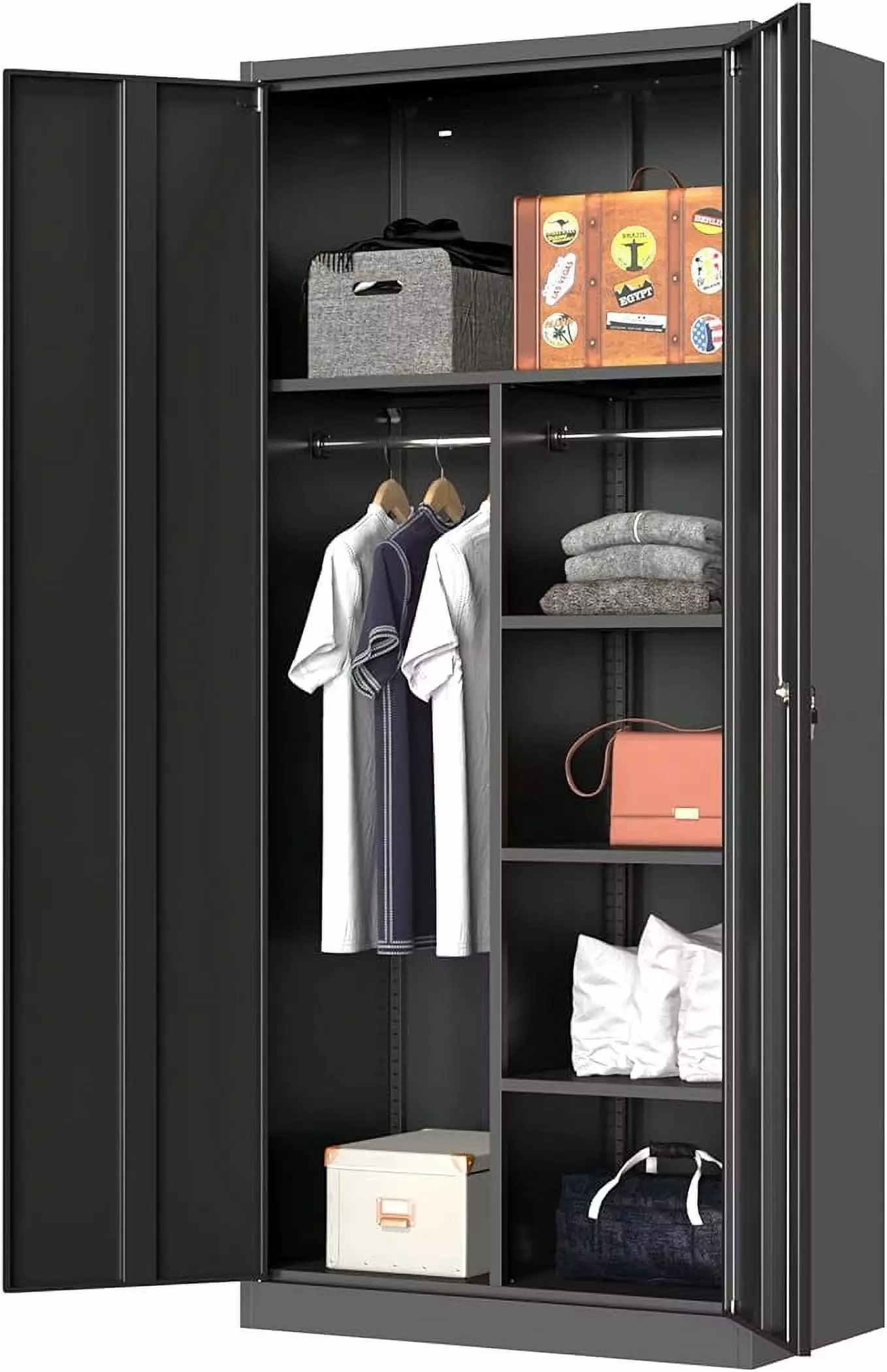 Coolsun Metal Wardrobe Closet with Locking Doors. 71 Steel Storage Cabinet for Hanging Clothes. Lockable Wardrobe Cabinet with Adjustable Shelves and Hanging Rods for Home Office.Gym