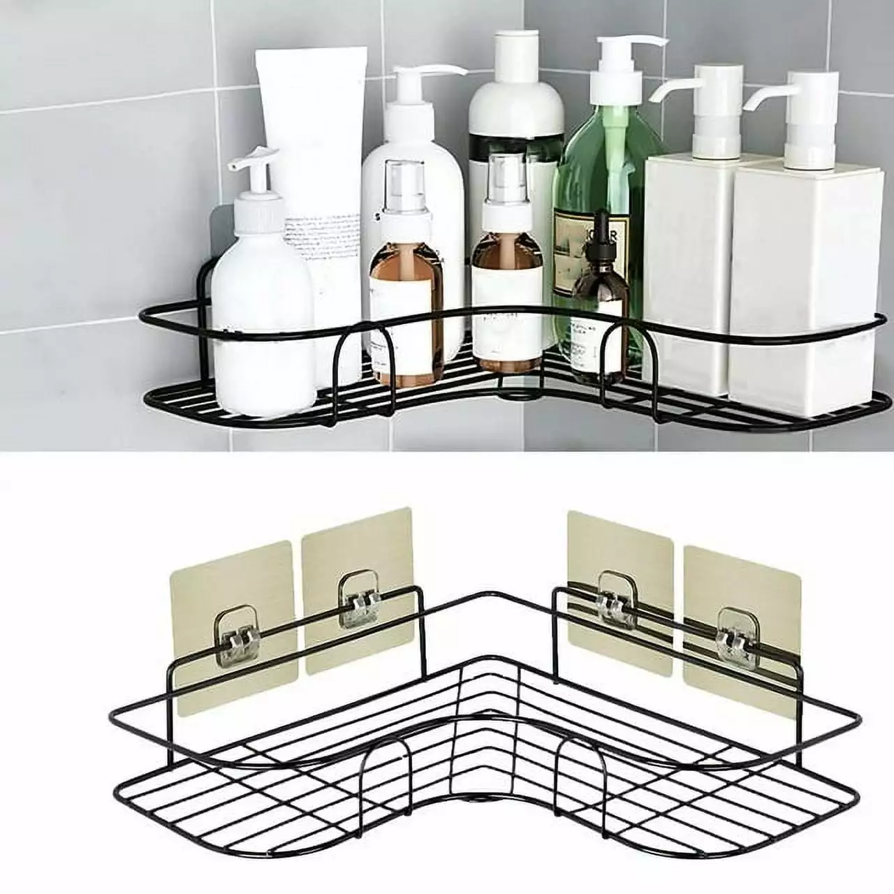 Corner Shower Caddy.Bexikou Hanging Bathroom Organizer Shelf with 4 Removable Hook.Rust Proof Bathtub Accessories Organizer. Adhesive Basket Storage Rack Shampoo Holder Wall Organization .Black