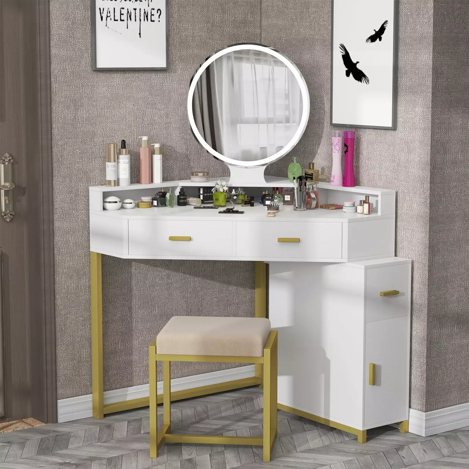 Corner Vanity Set with Lighted Mirror. Makeup Vanity Dressing Table with Drawers. Cabinet and Cushioned Stool. Girls Vanity Desk for Bathroom. Bedroom. by Hsozptry