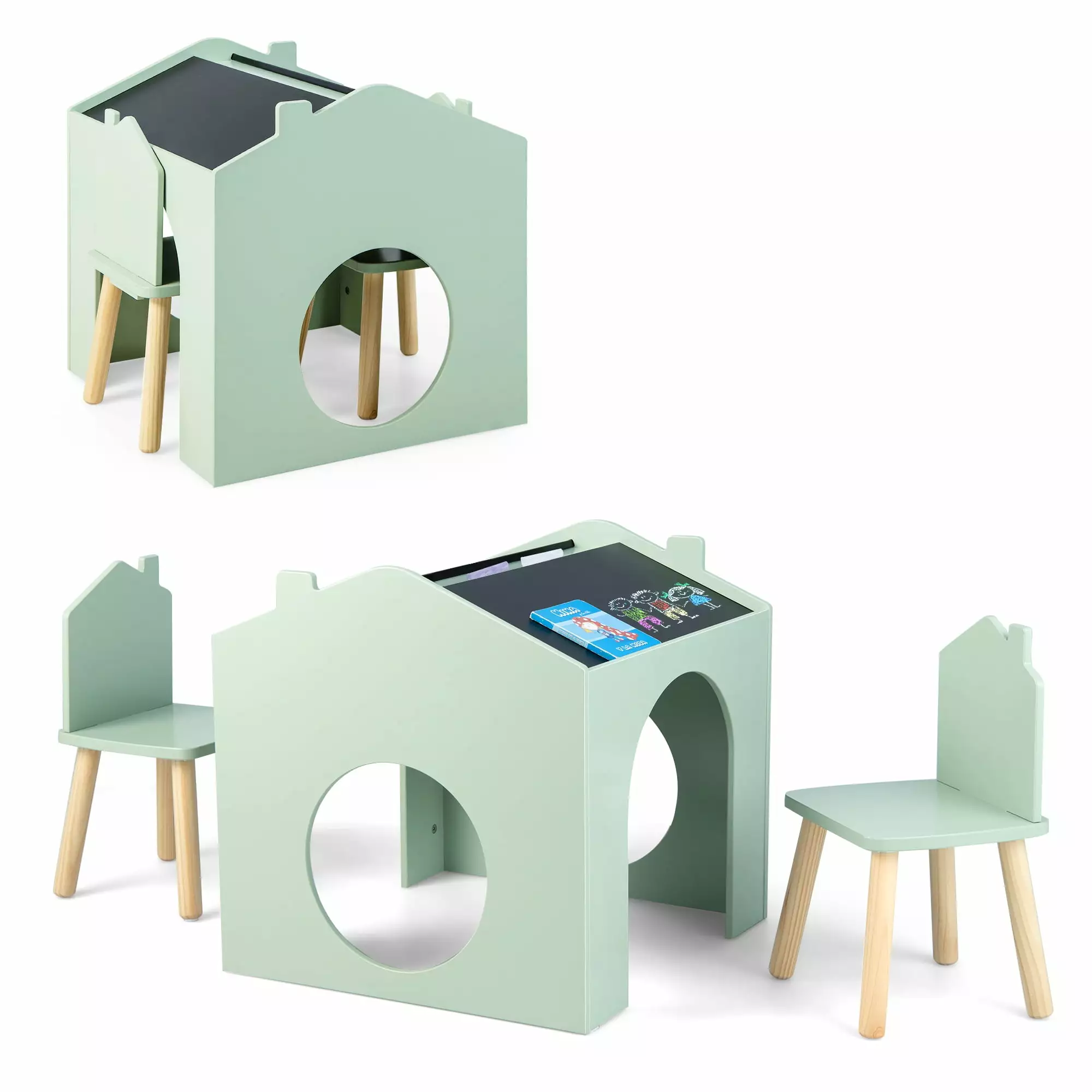 Costway 3 Piece Kids Wooden Table and Chair Set with Blackboard for Drawing Reading Green