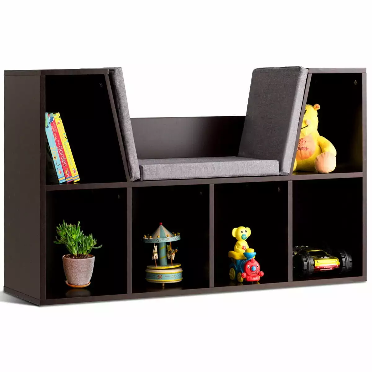 Costway 6 Cubby Kid Storage Cabinet Cushioned Bookcase Multi-Purpose Reading Shelf Brown