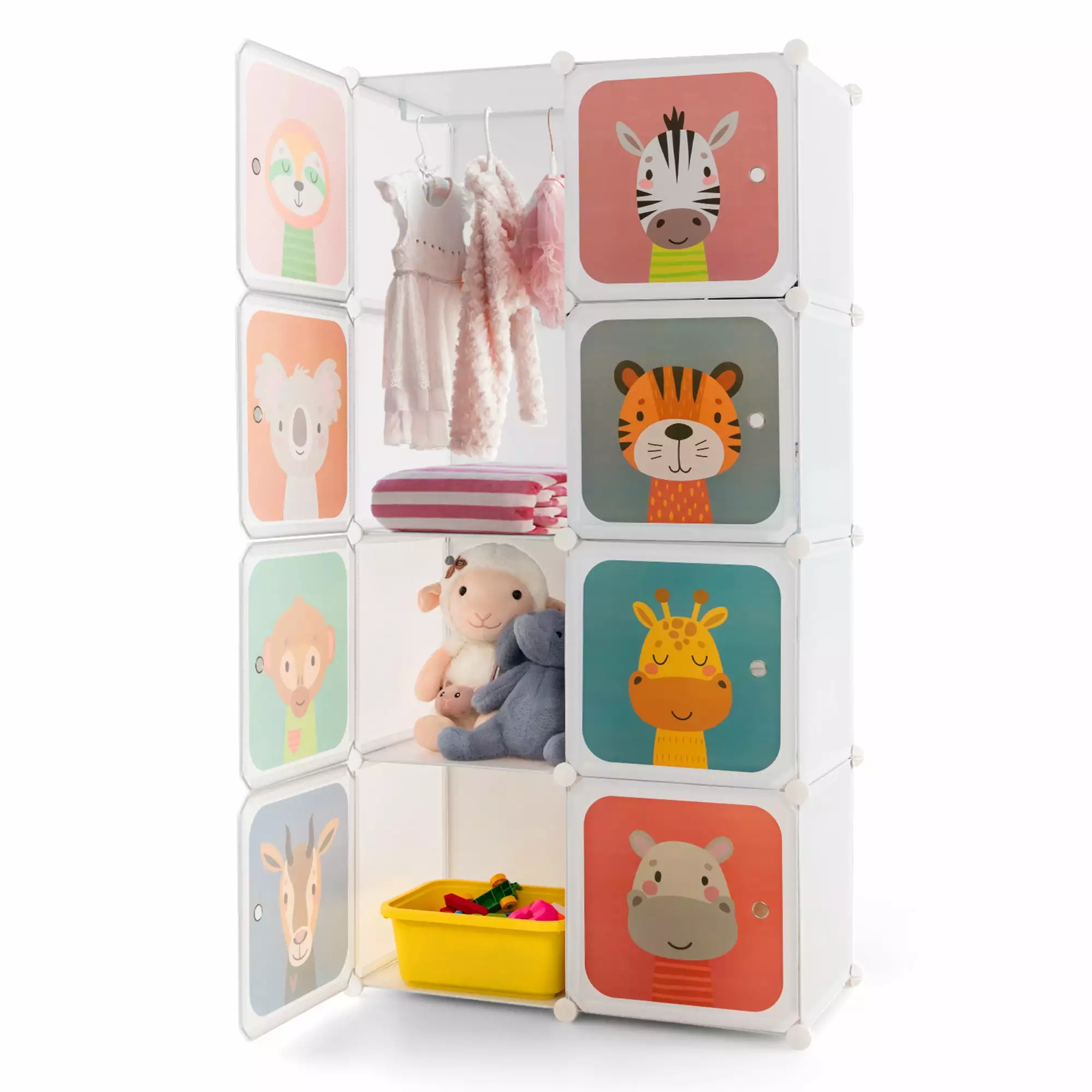 Costway 8-Cube Kids Wardrobe Baby Dresser Bedroom Armoire Clothes Hanging Closet with Doors