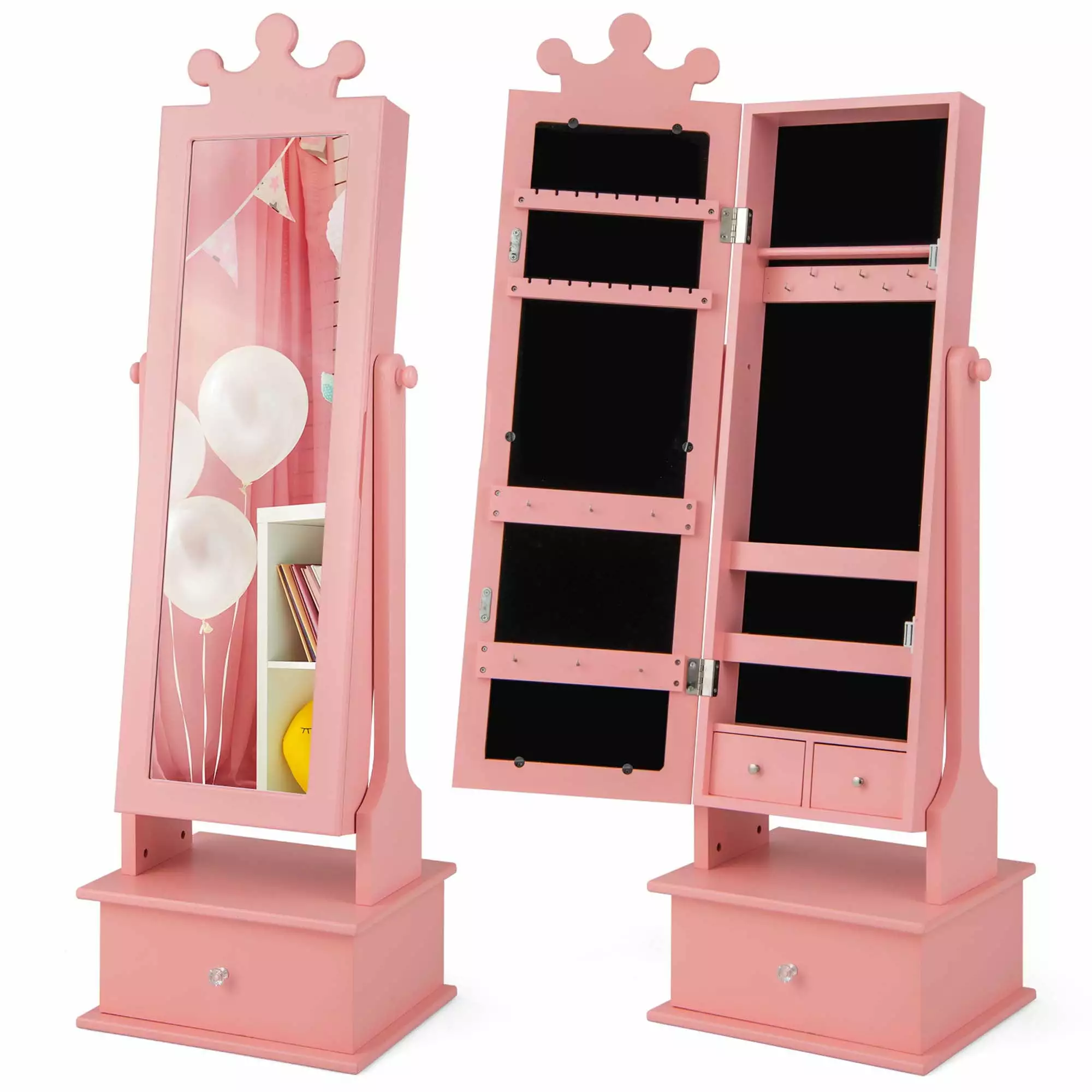 Costway Kid Freestanding Jewelry Armoire 2-in-1 Full Length Mirror Storage Drawer Pink