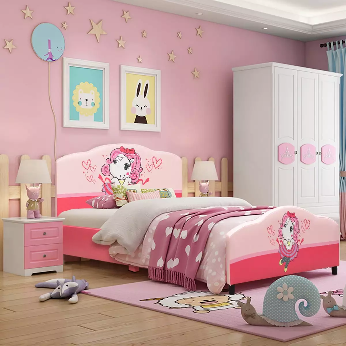 Costway Kids Children Upholstered Platform Toddler Bed Bedroom Furniture Girl Pattern