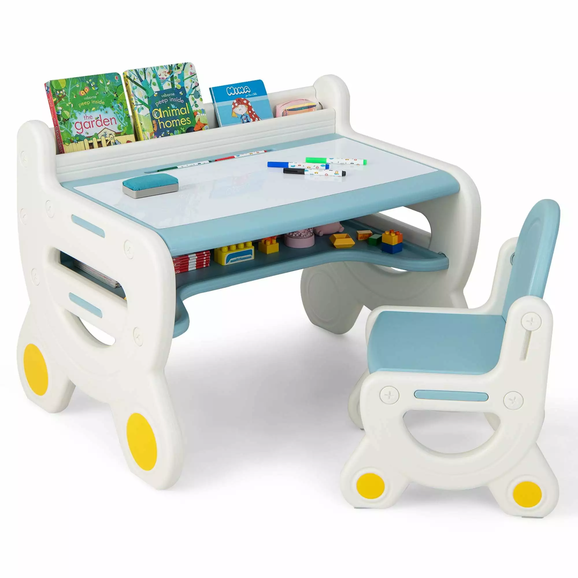 Costway Kids Drawing Table & Chair Set for Reading Playing with Pens & Blackboard Eraser Blue