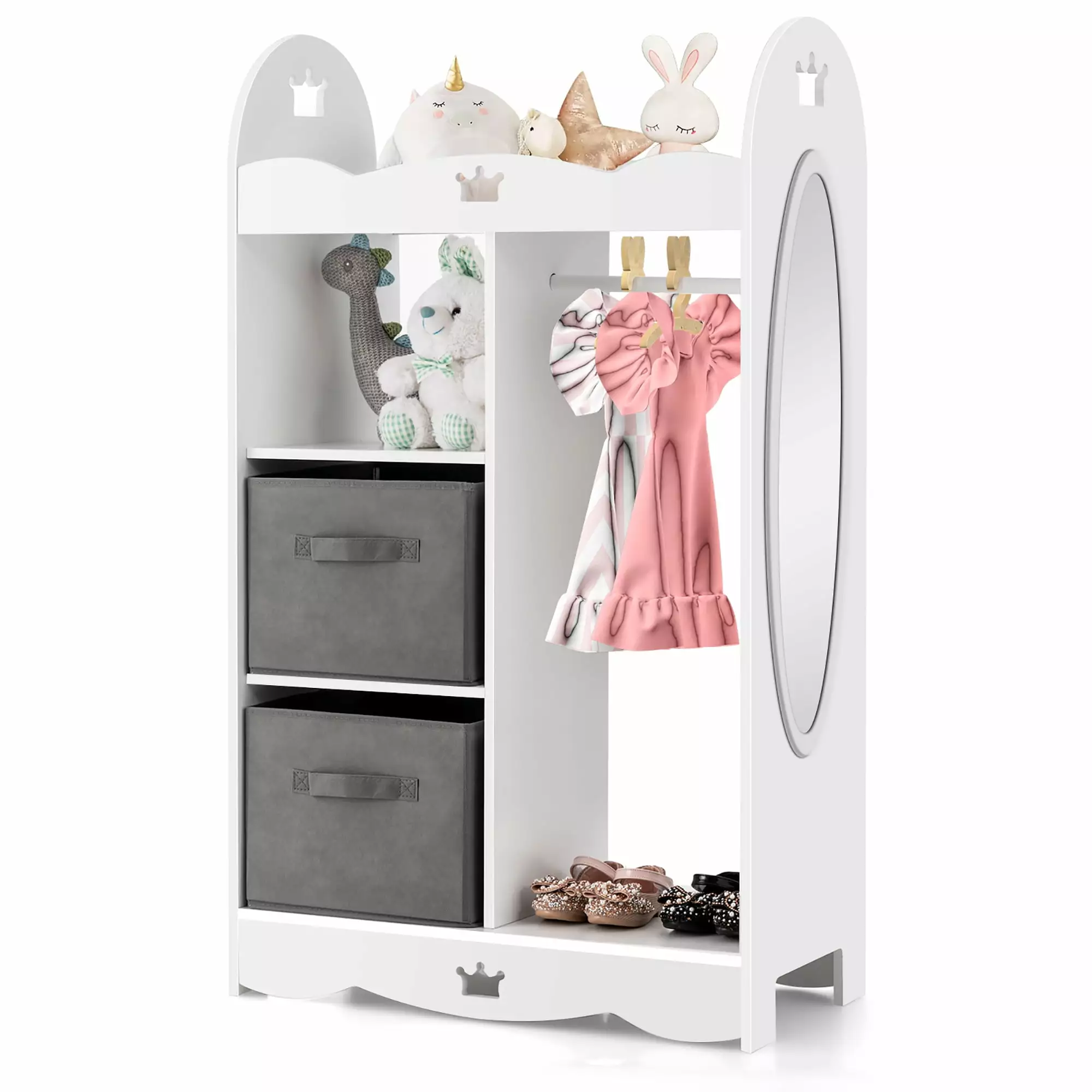 Costway Kids Dress up Storage Hanging Armoire Dresser Costume Closet w/Mirror & Toy Bins