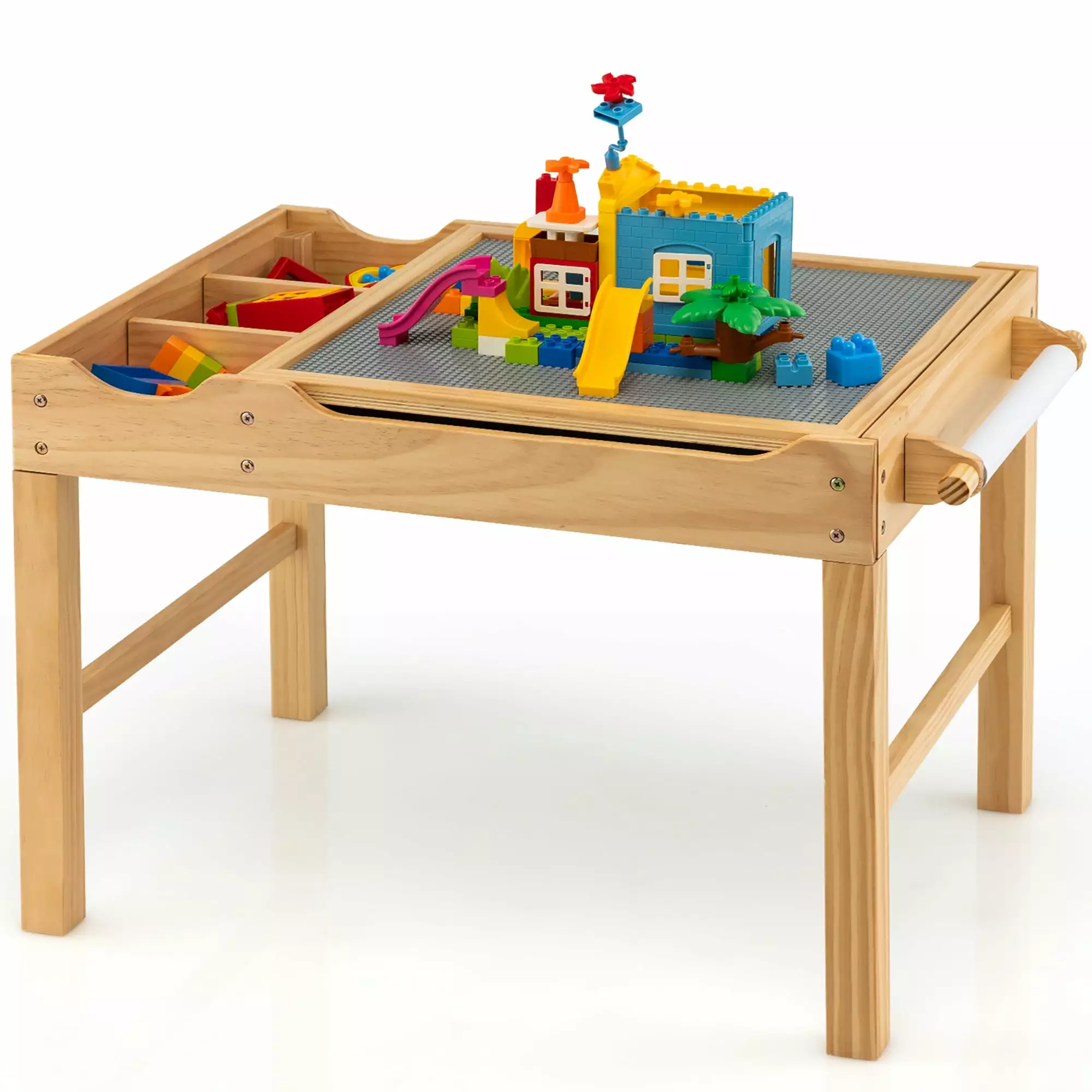 Costway Kids Multi Activity Play Table Wooden Building Block Desk w/ Storage Paper Roll Natural