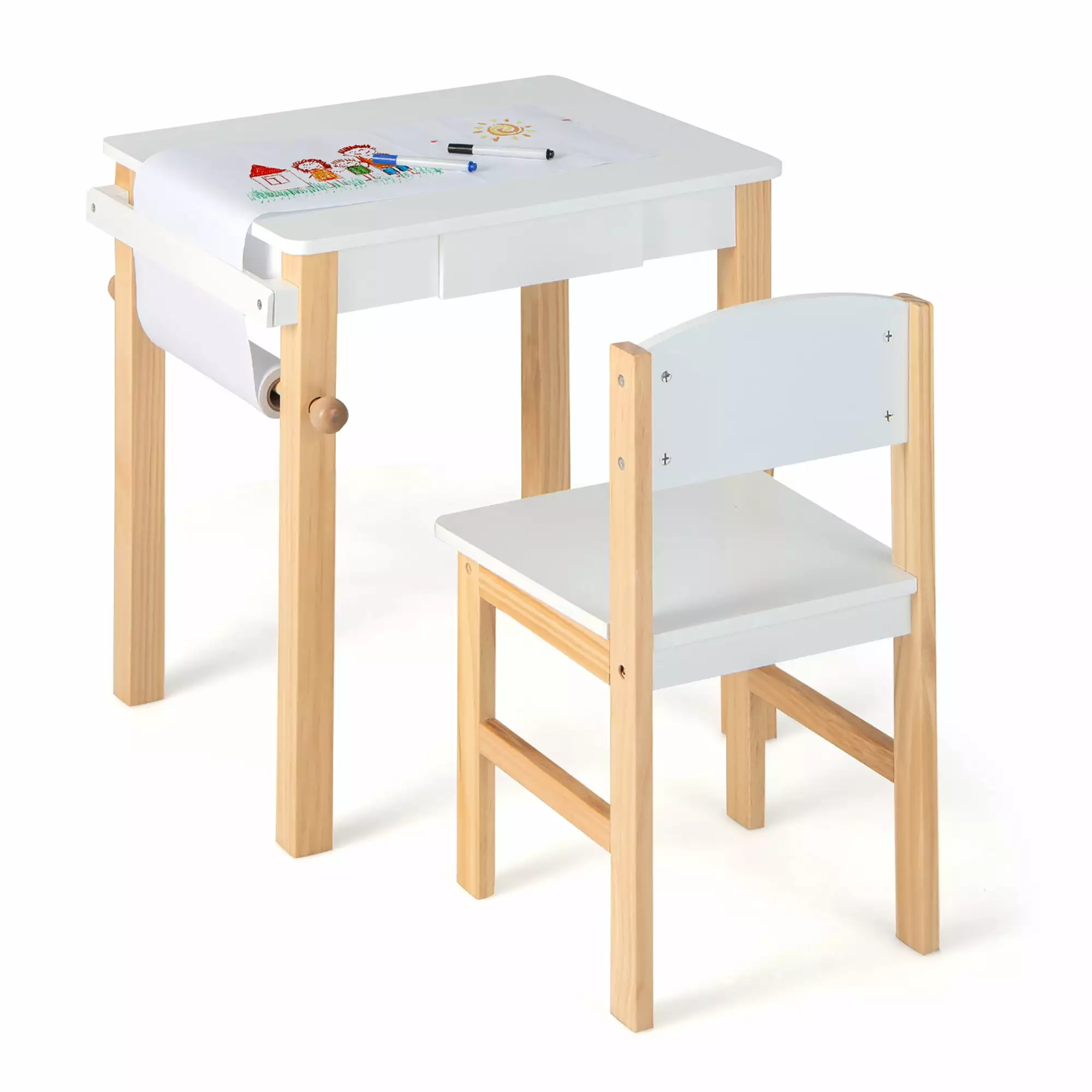 Costway Kids Table and Chair Set Wooden Activity Drawing Study Desk with Paper Roll Drawer