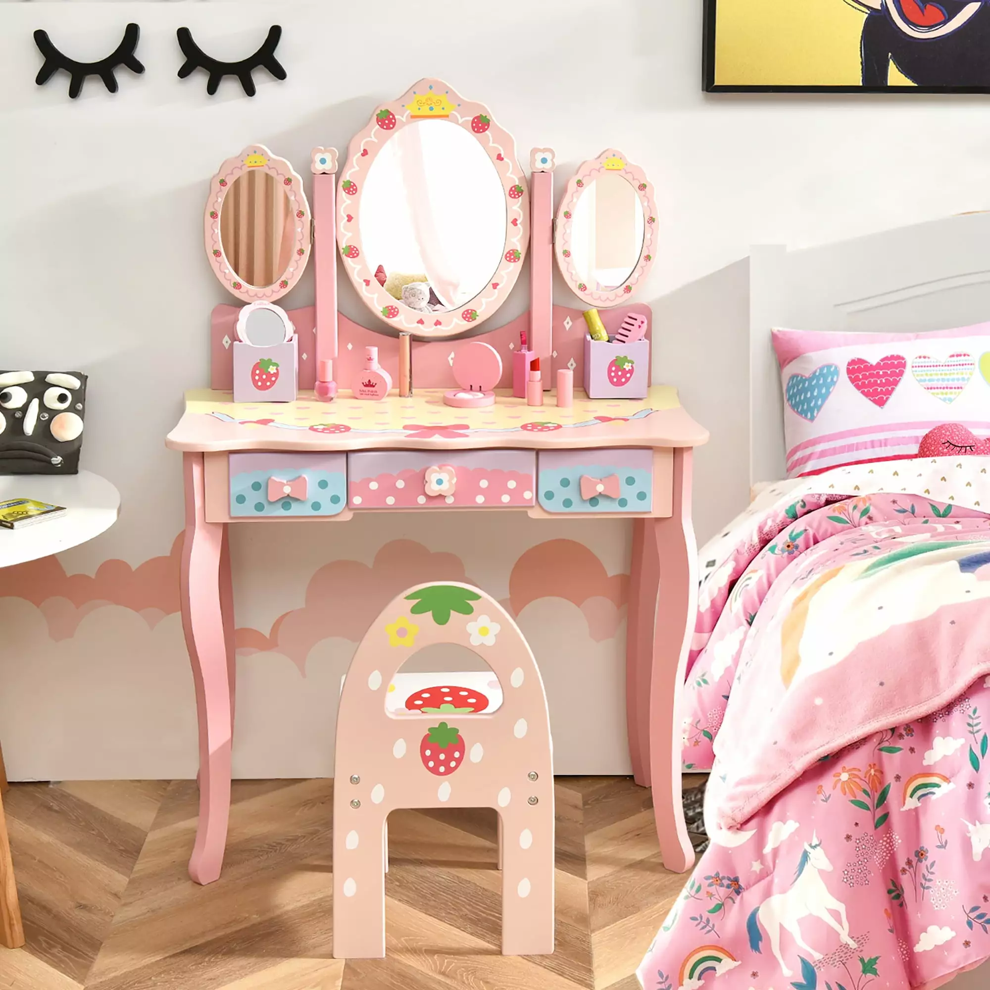 Costway Kids Vanity Princess Makeup Dressing Table Chair Set w/ Tri-fold Mirror Pink