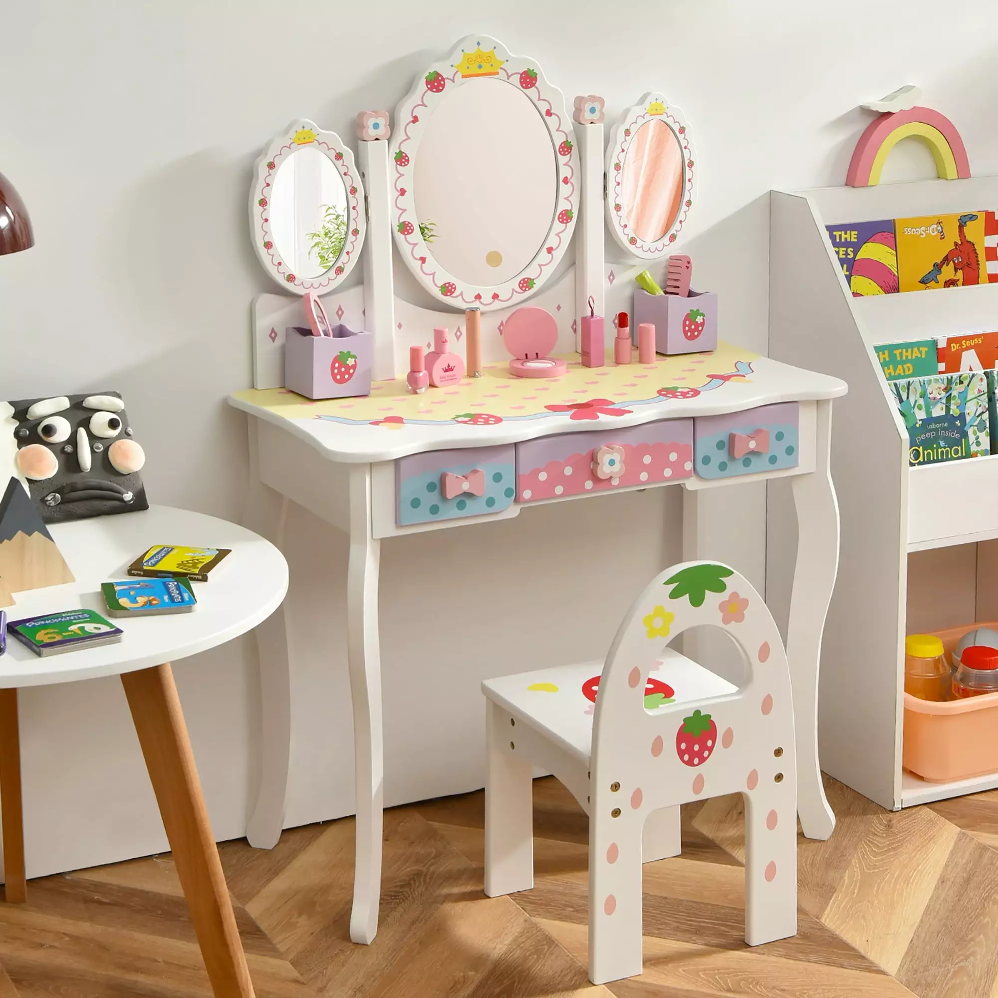 Costway Kids Vanity Princess Makeup Dressing Table Chair Set w/ Tri-fold Mirror White