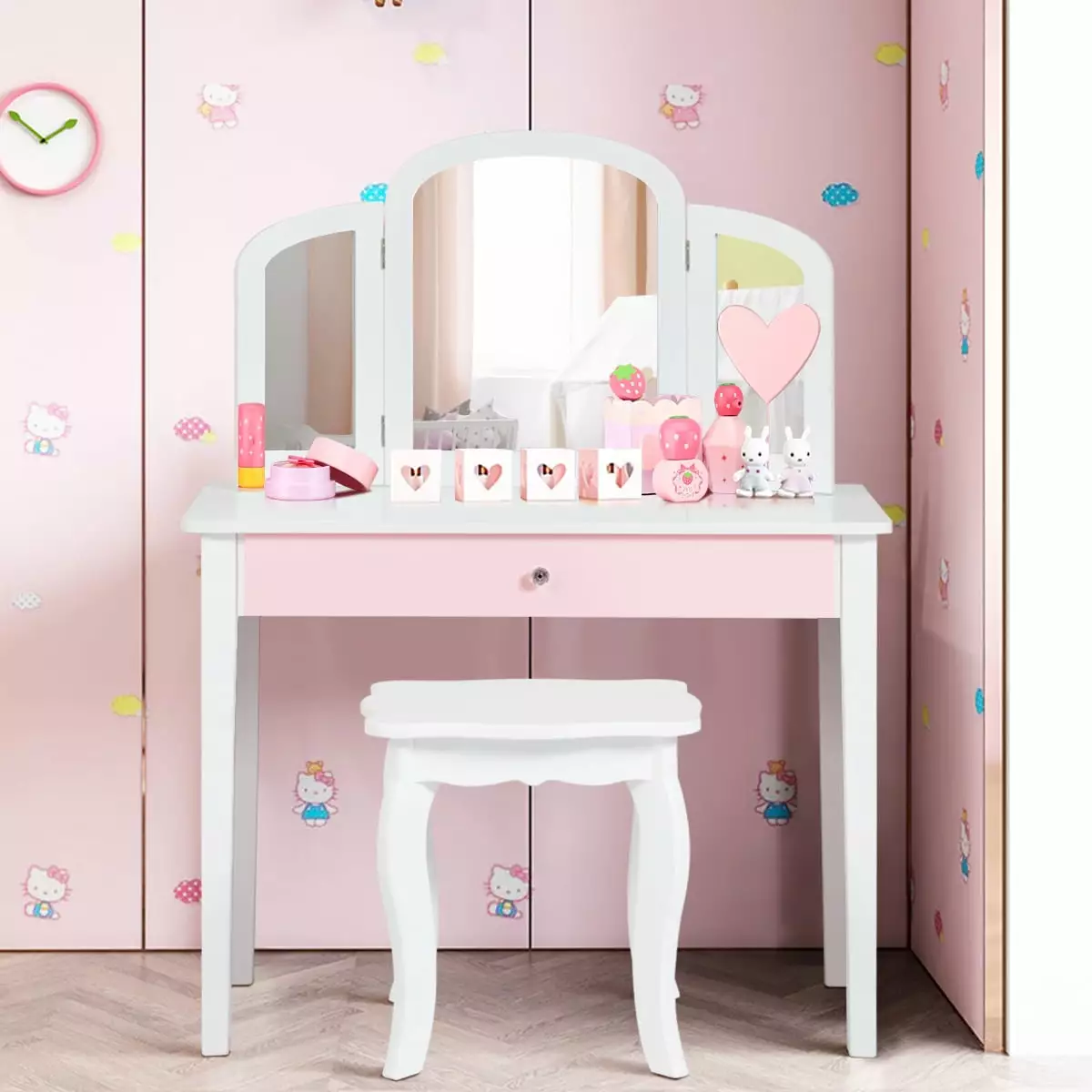 Costway Kids Vanity Set Princess Makeup Dressing Play Table Set W/Mirror-White