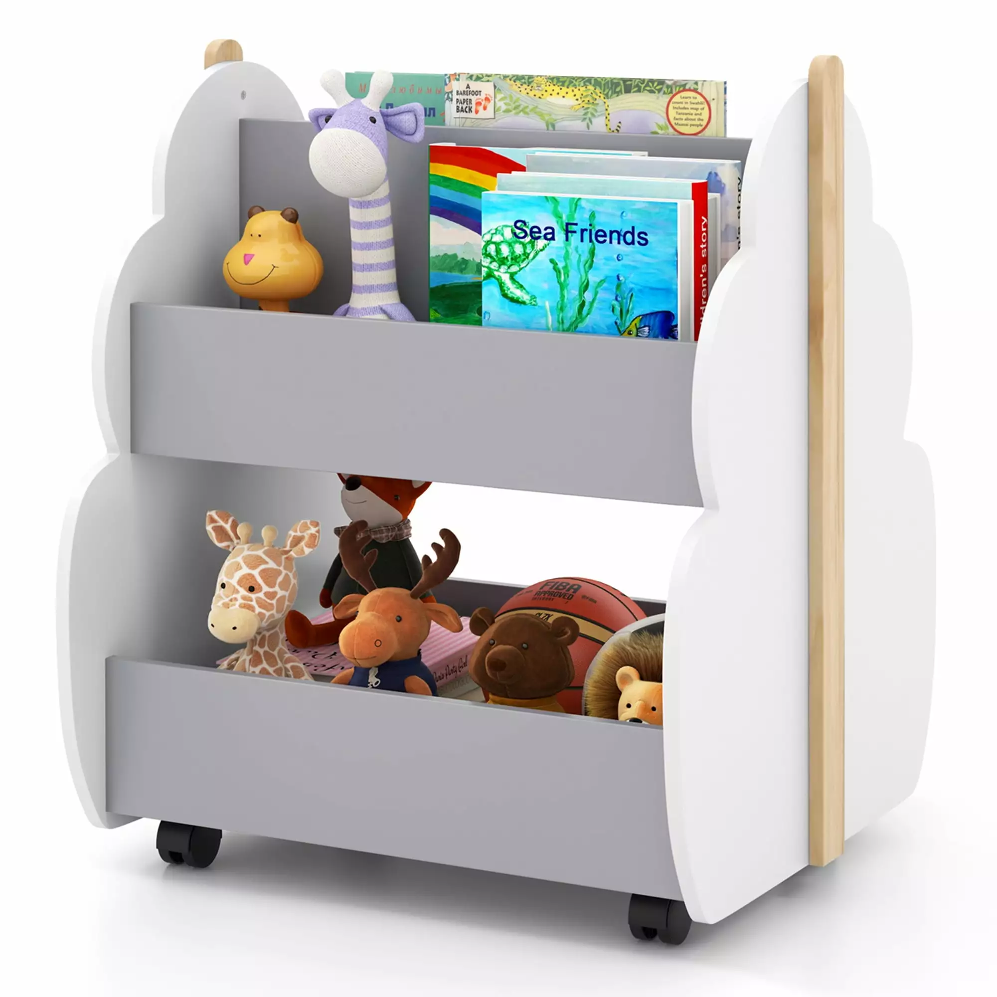 Costway Kids Wooden Bookshelf with Wheels 2-Tier Toy Storage Shelf Double-sided Bookcase Grey