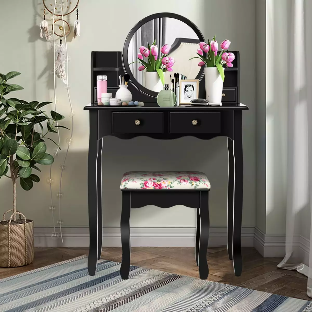 Costway Makeup Vanity Table Set Drawers Oval Dressing Table Black