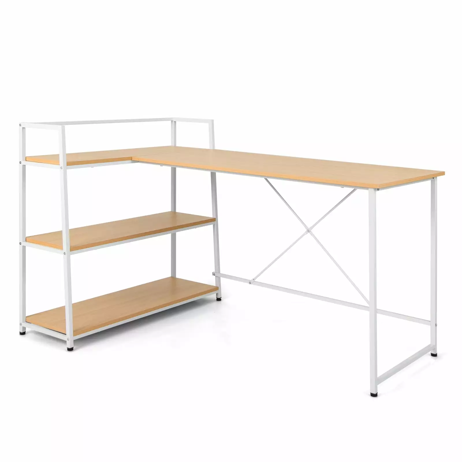 Costway Reversible L Shaped Computer Desk Corner Workstation with 3-Tier Open Shelf Natural