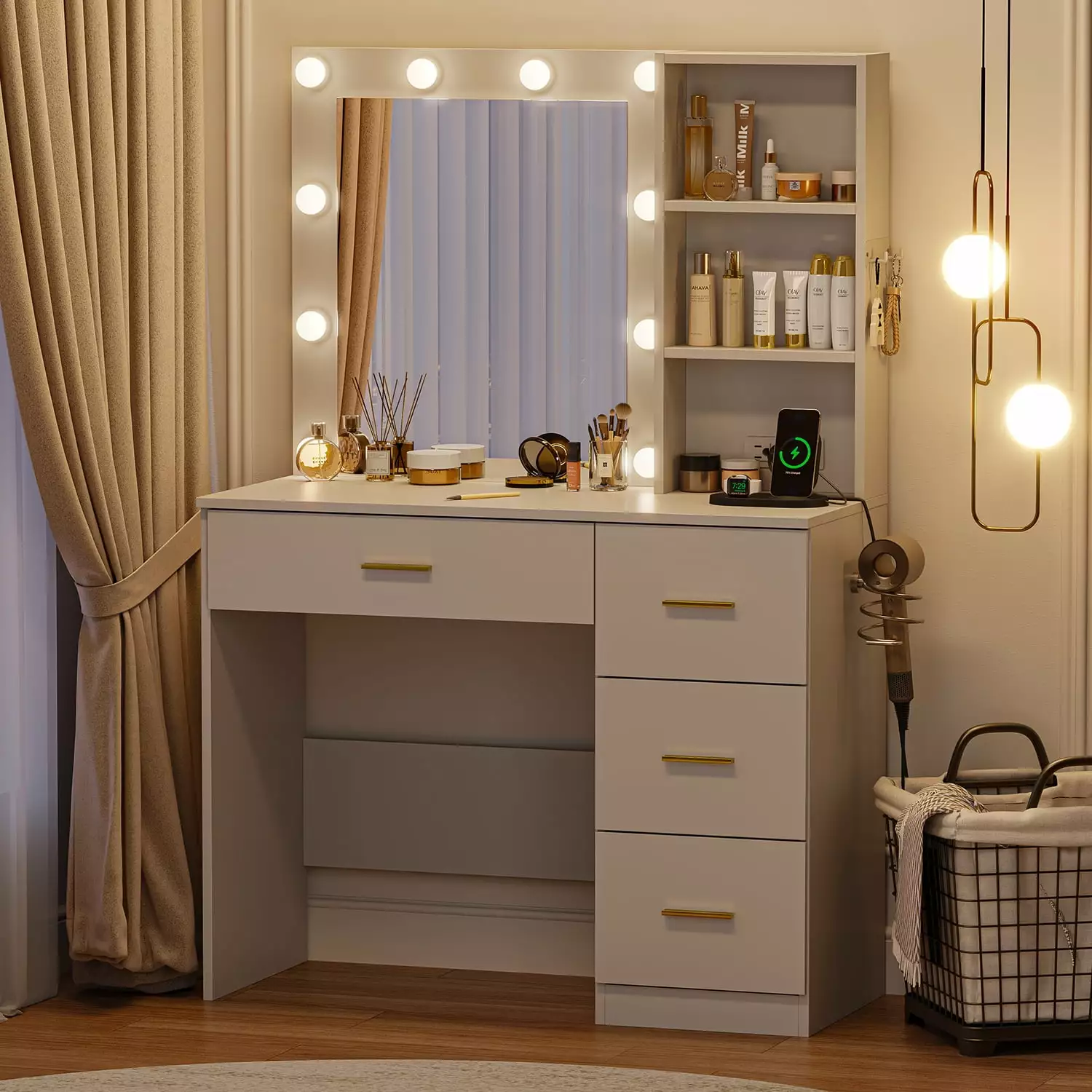 Cottinch Vanity Desk 3 Color Lighted Mirror.Makeup Dressing Table with 4 Drawers and Storage Shelves.2 Outlets.2 USB Ports.White