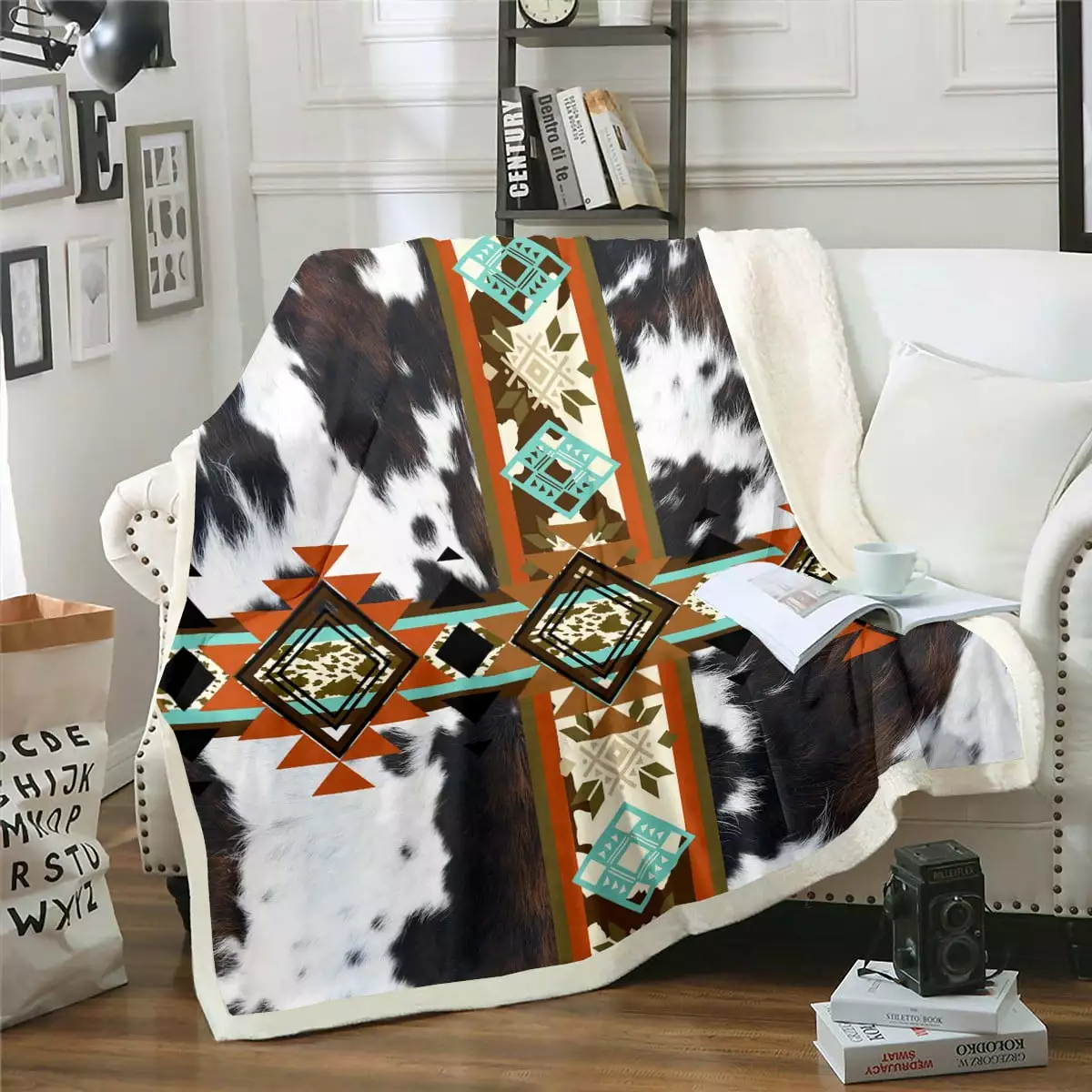 Cowhide Blanket Western Throw Blanket 50x60.Black and White Highland Cow Print Fleece Blanket Exotic Aztec Diamond Blankets.Farm Animals Bull Cattle Skin Room Decor Cowboys Gifts for Women