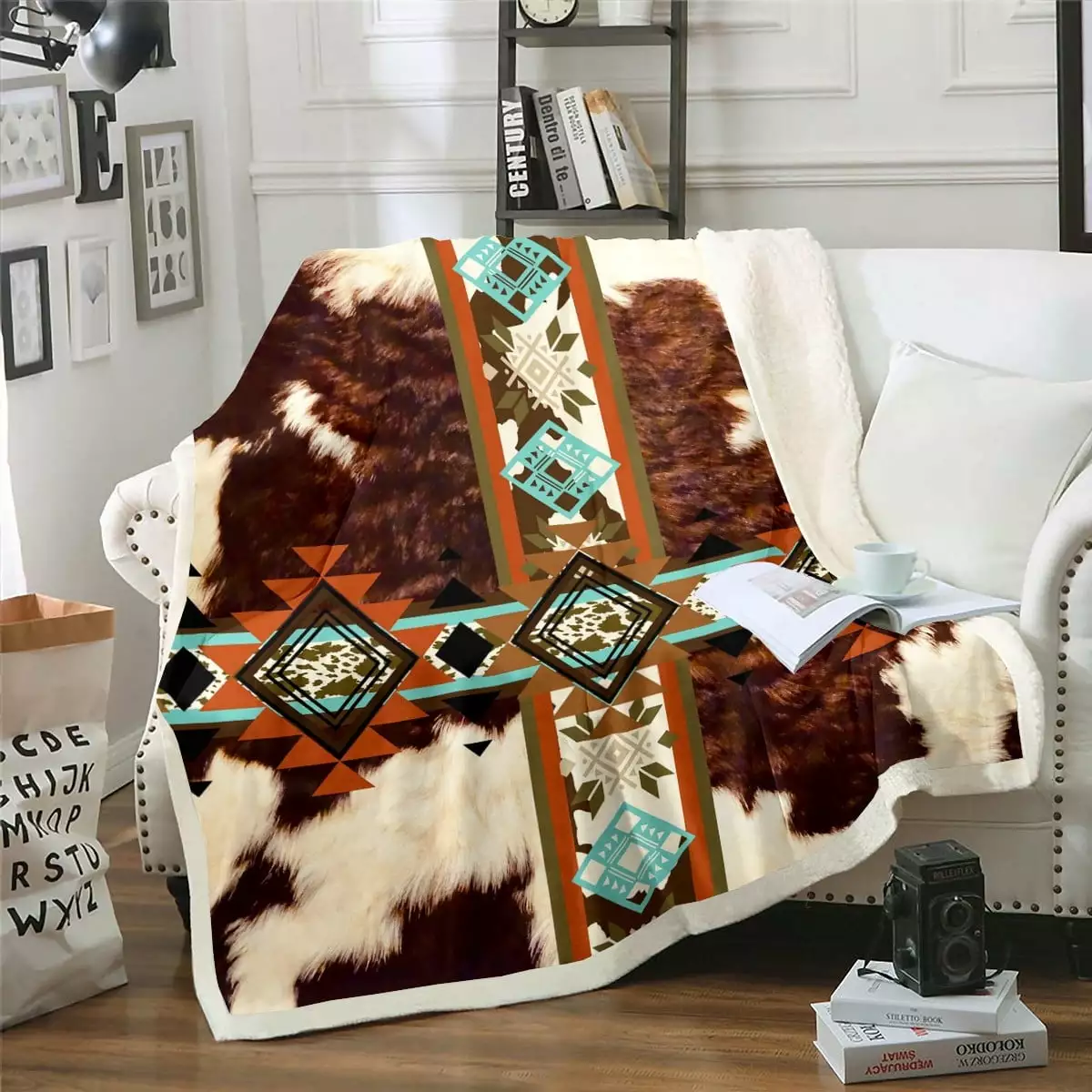 Cowhide Blanket Western Throw Blanket 50x60.Brown Highland Cow Print Fleece Blanket Exotic Aztec Diamond Blankets.Farm Animals Bull Cattle Skin Room Decor Cowboys Gifts for Women