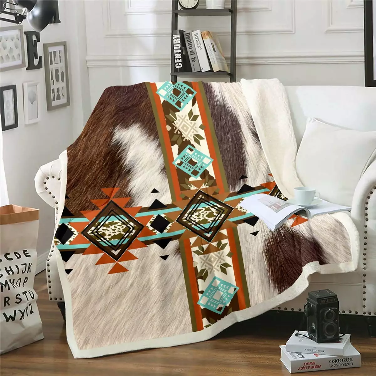 Cowhide Blanket Western Throw Blanket 50x60.Brown Highland Cow Print Fleece Blanket Exotic Geometry Aztec Blankets.Farm Animals Bull Cattle Skin Room Decor Cowboys Gifts