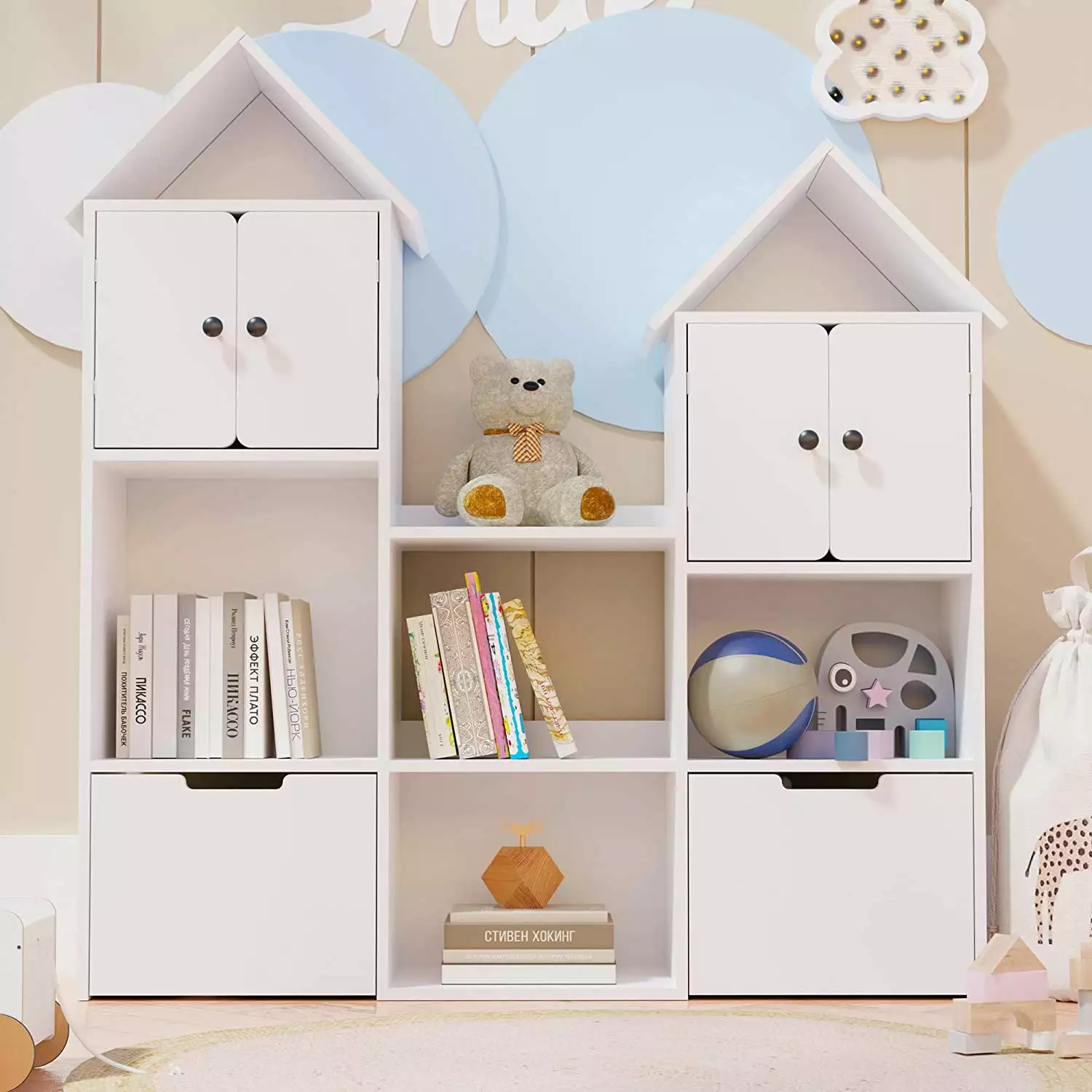 Cozy Castle Wooden Kids Bookshelf with Toy Storage Organizer. Bookcase for Playroom. Bedroom. White