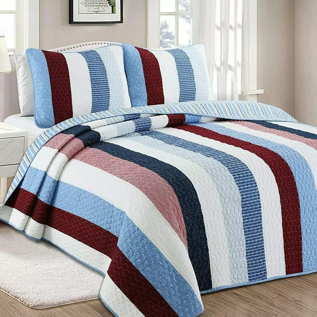 Cozy Line Blue Striped 100% Cotton Quilt Bedding Set. Queen Set (Blake Stripe. Queen - 3 Piece)