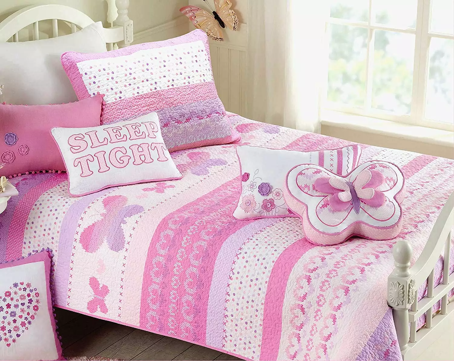 Cozy Line Cami Butterfly Knit Print Pink Purple Cotton Quilt Bedding Set. 3 Piece Queen