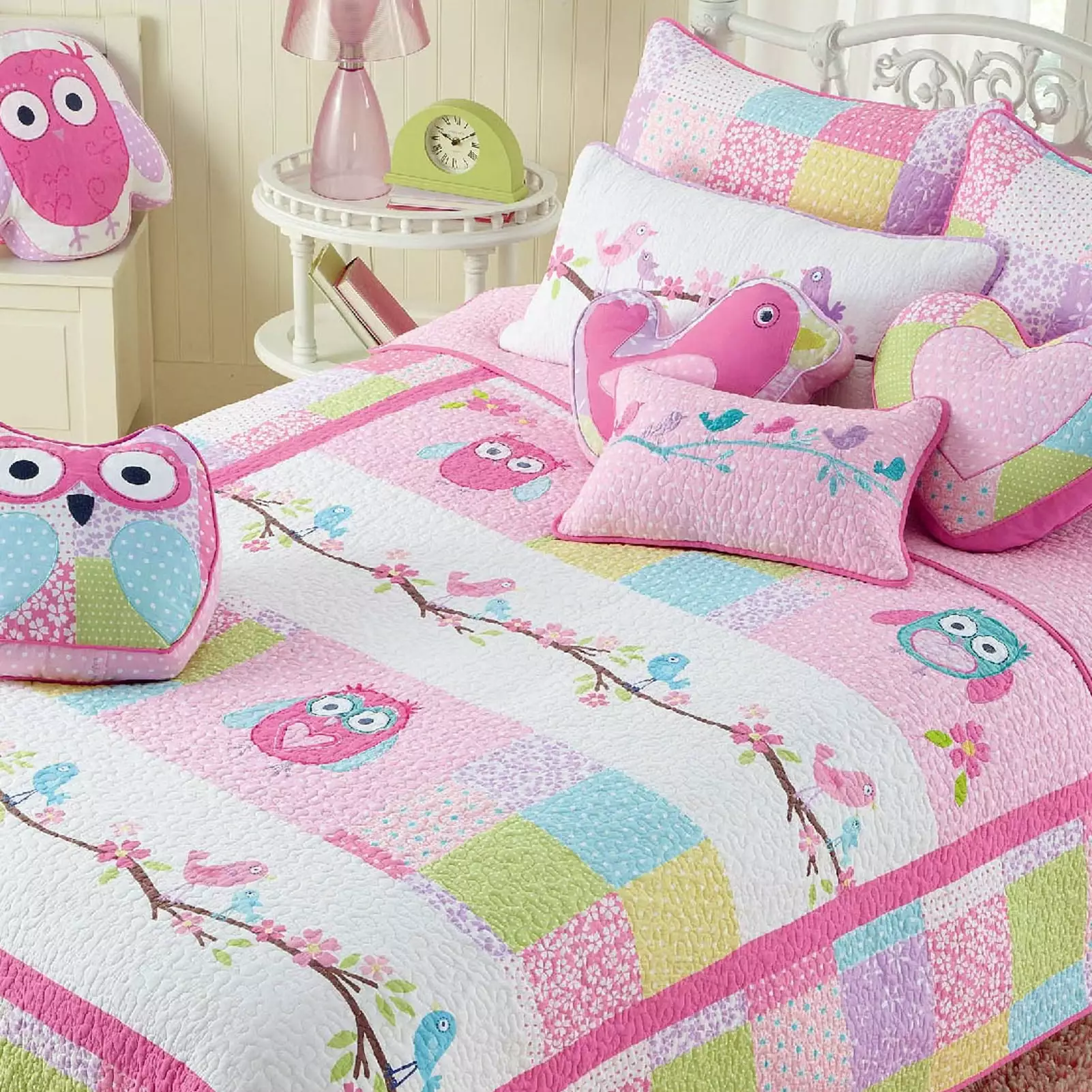 Cozy Line Cotton Cute Owl Pink Birds Floral Print Pattern Bedding Quilt Set (Queen - 3 Piece)