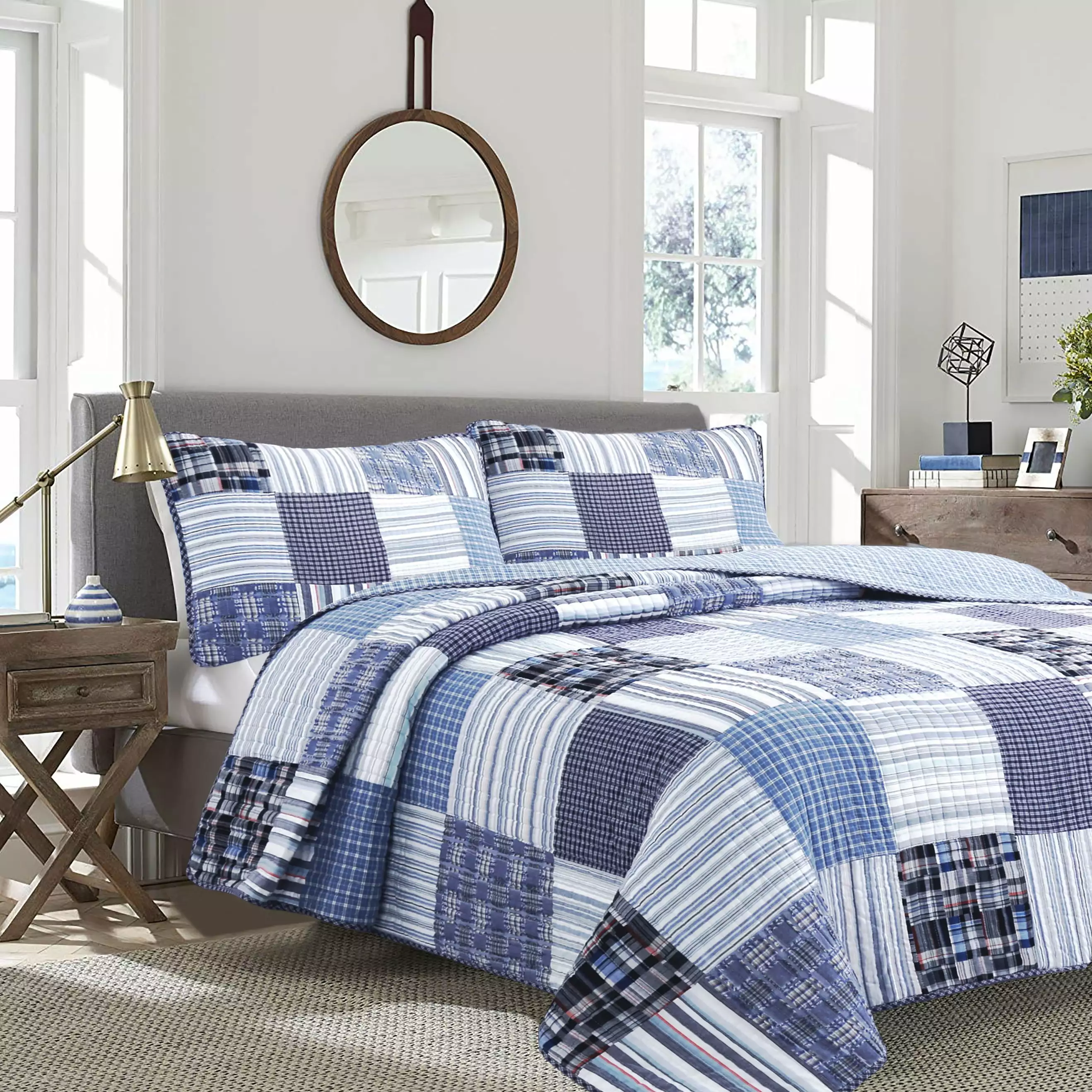 Cozy Line Daniel Denim Navy Blue Real Patchwork 100% Cotton 2-Piece Reversible Quilt Set. Twin