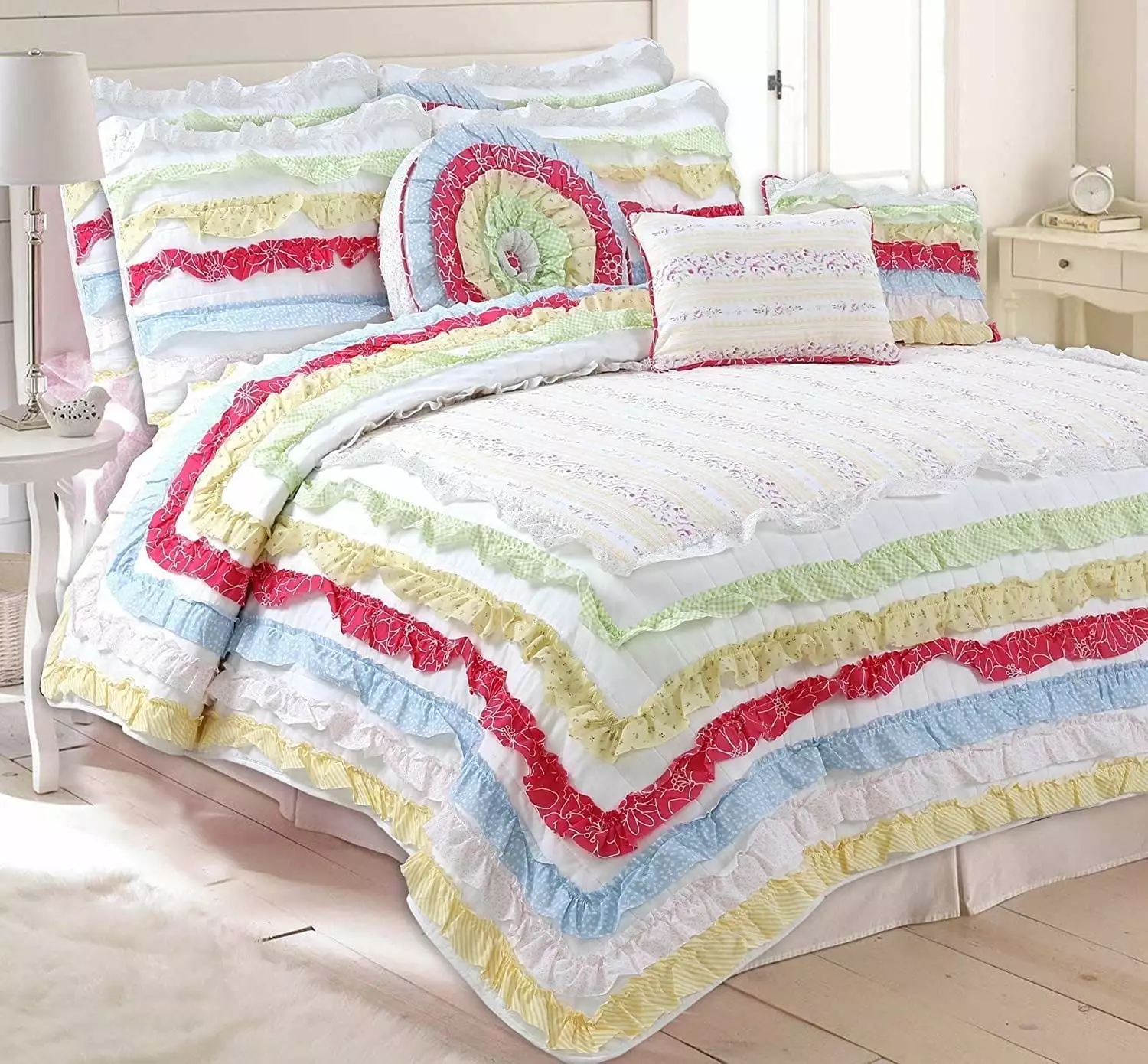 Cozy Line Genevieve Colorful Rainbow 3D Lace Stripe Ruffle 100% Cotton Reversible Quilt Bedding Set for Her Girl Women(Rainbow. Queen -3 Piece)