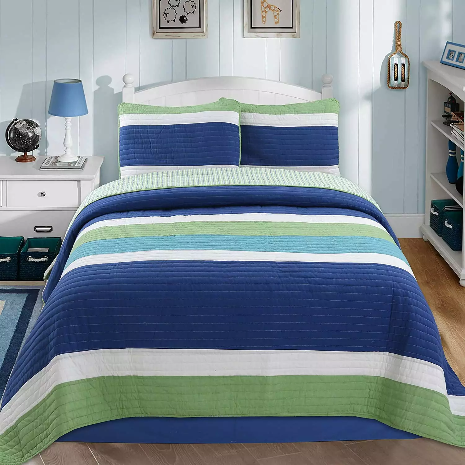 Cozy Line Home Fashions Cotton Blue Green Stripped Quilt Bedding Set. Queen 3-Pieces