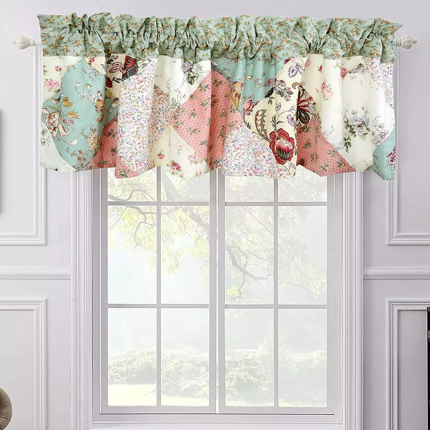 Cozy Line Home Fashions Country Cottage Floral Blue Pink Real Patchwork Rod Pocket Window Valance. 16 x 56