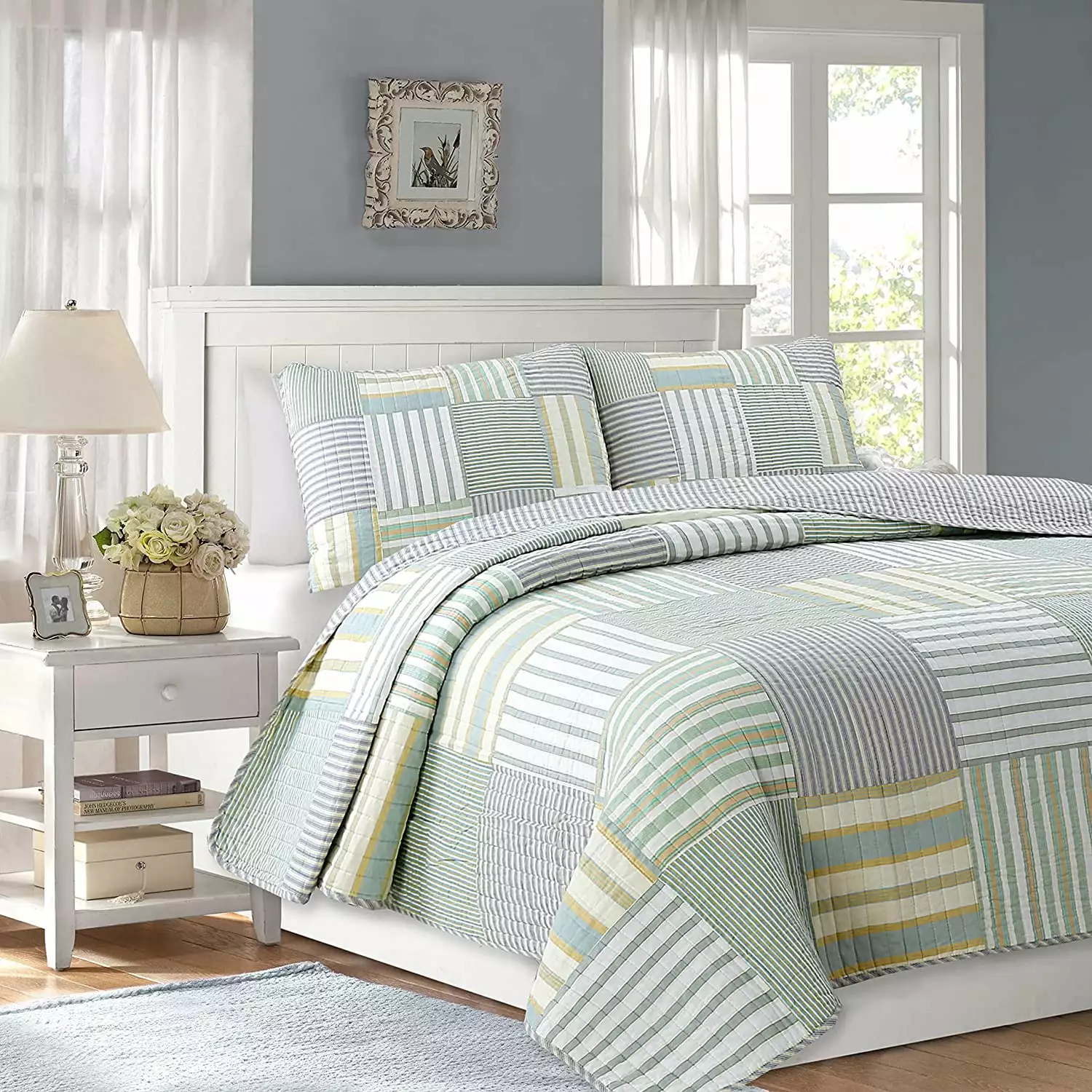 Cozy Line Home Fashions Green Yellow Blue Plaid Striped Real Patchwork 100% Cotton 2-Piece Reversible Quilt Set. Twin