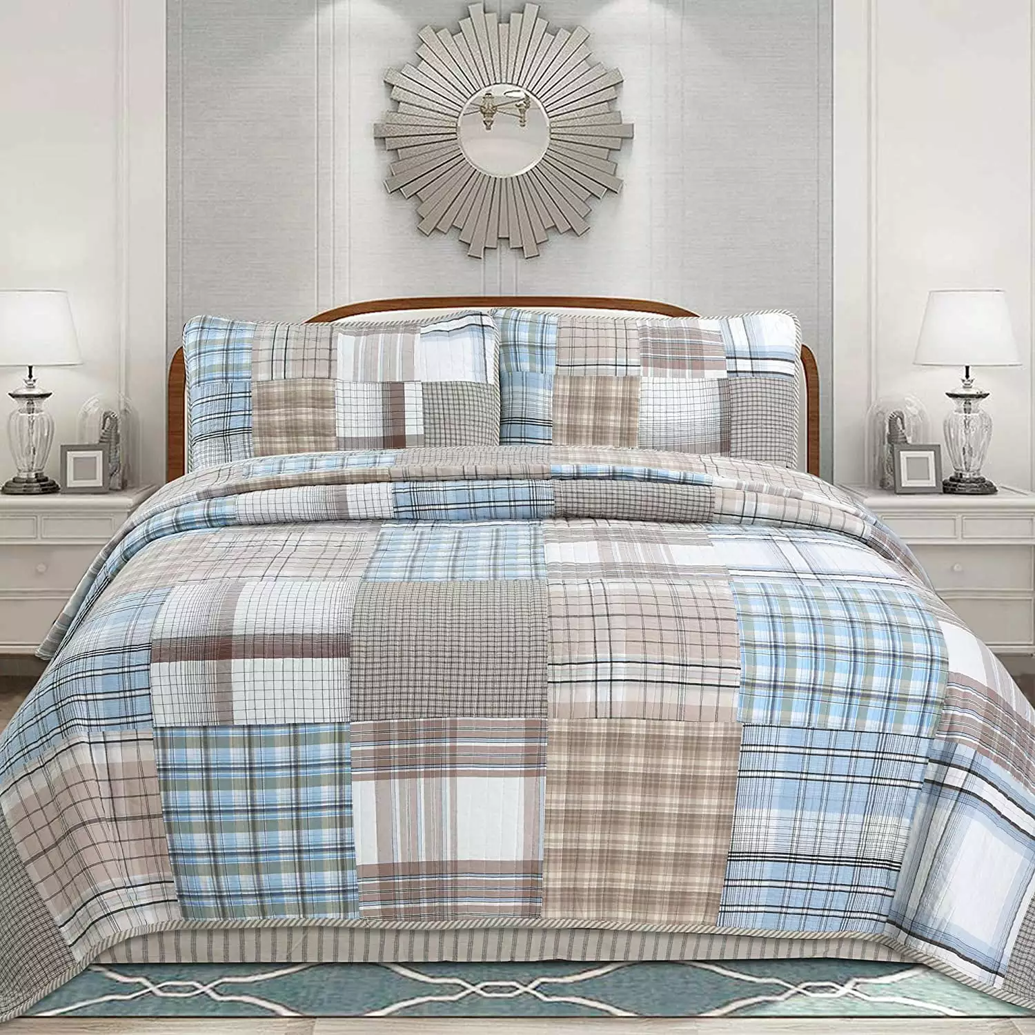 Cozy Line Home Fashions Hank Blue Grey Brown Plaid Grid Real Patchwork 100% Cotton Reversible Quilt Bedding Set. King 3 Piece