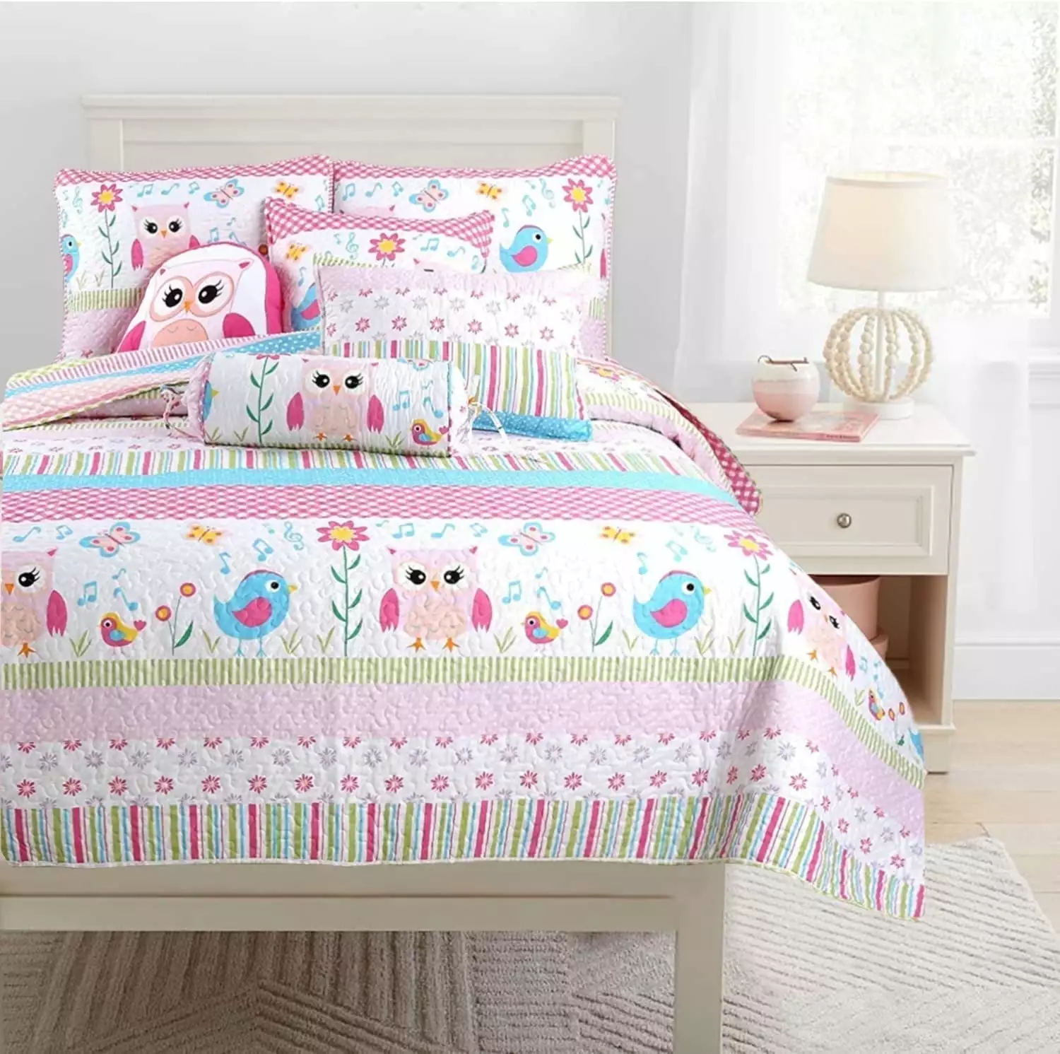 Cozy Line Home Fashions Happy Owl Pink Reversible Quilt Bedding Set. Coverlet. Bedspreads for Kids. Girls (Happy Owl. Twin - 6 Piece: 1 Quilt + 1 Standard Sham + 4 Decorative Pillows)