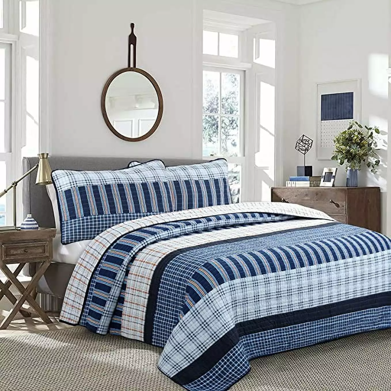 Cozy Line Home Fashions Navy Orange Striped Boy 100% Cotton Reversible Quilt Bedding Set. Twin 2-Piece