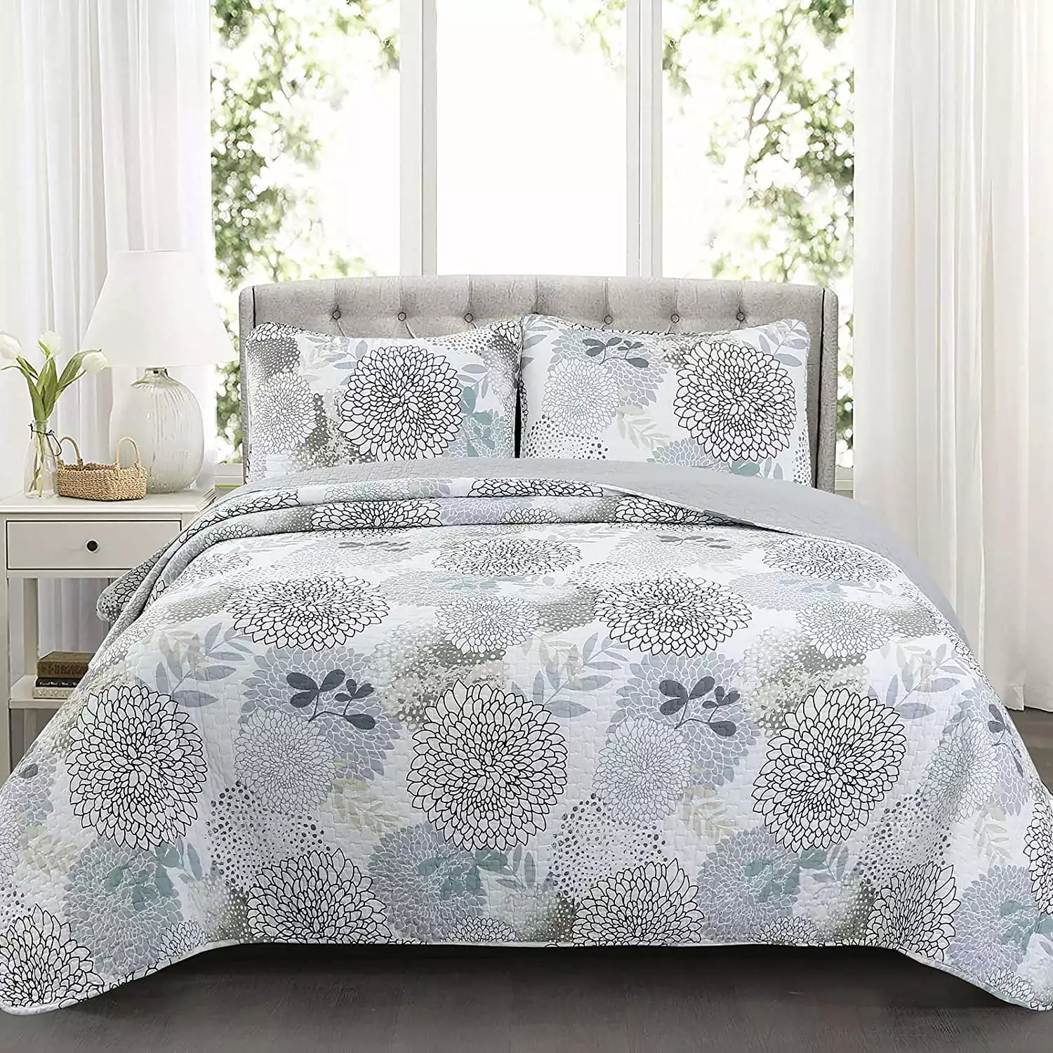 Cozy Line Home Fashions Nina Trista Cotton Aqua Blue Turquoise Grey Floral Print Pattern 3 Piece Quilt Bedding Set. King