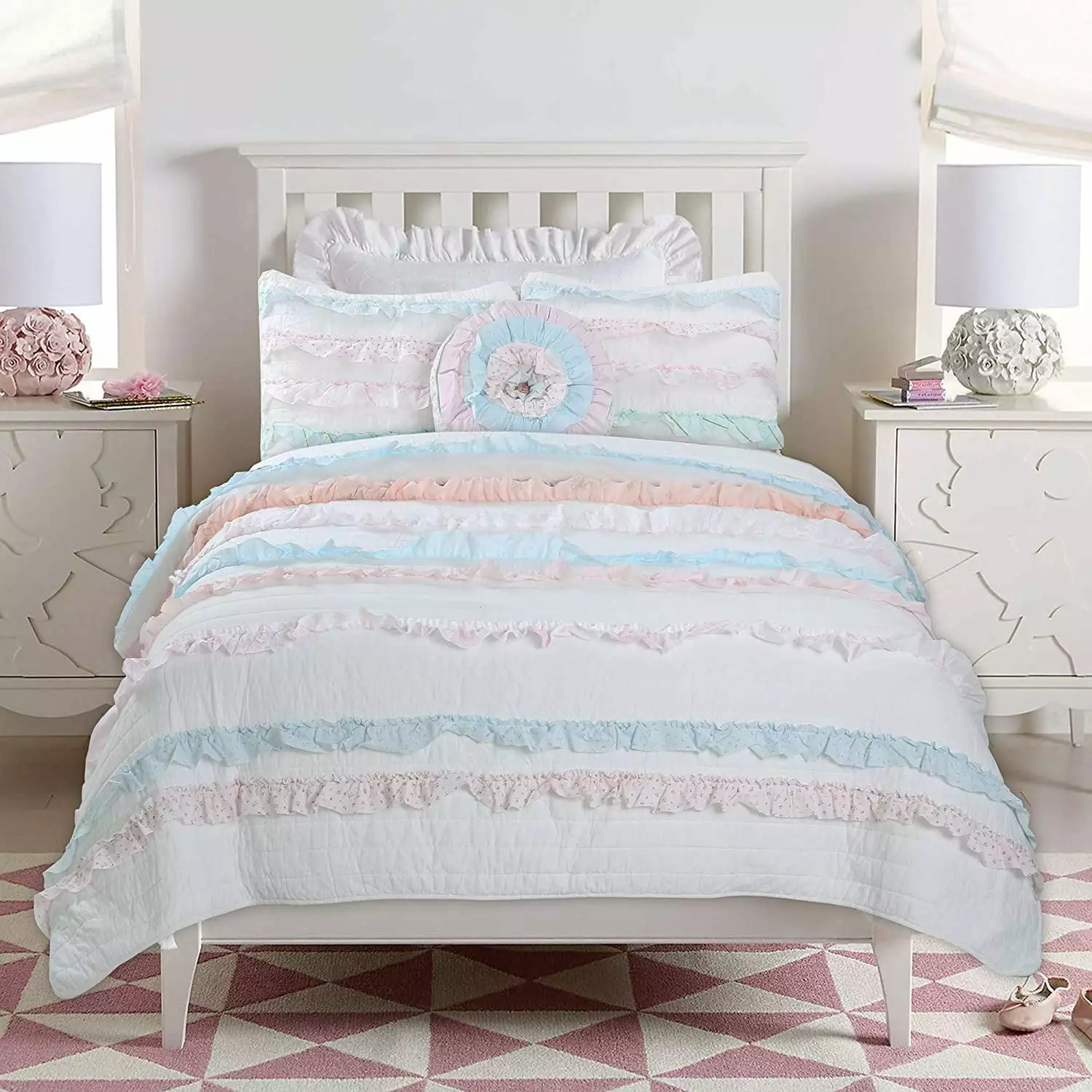 Cozy Line Home Fashions Pink Blue Ruffle Stripe Floral Flower Print Cotton Quilt Bedding Set (Pink/Blue. Twin - 2 Piece)