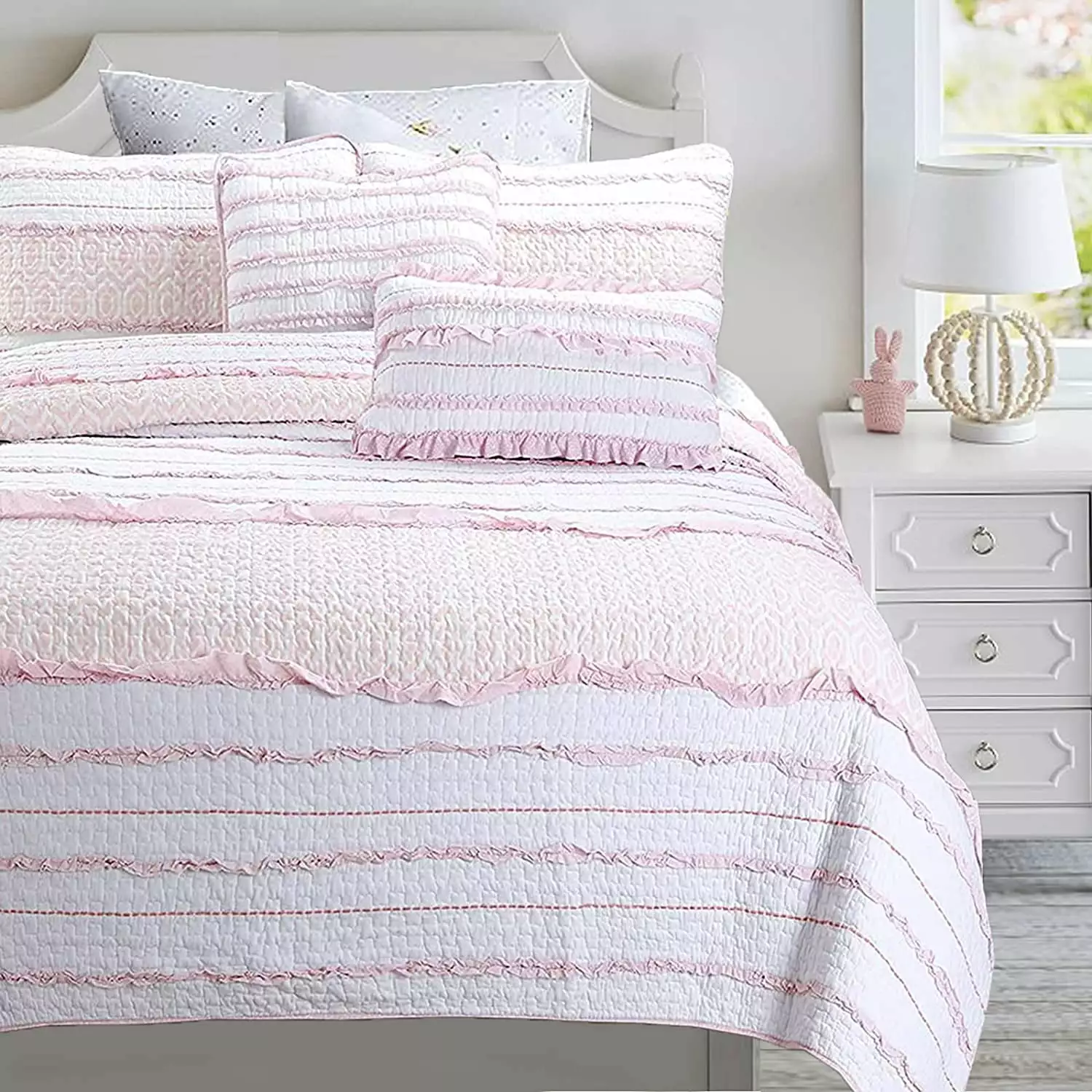 Cozy Line Home Fashions Pink Princess Ruffle 100% Cotton Reversible Bedding Quilt Set (Pink Princess. Twin - 4 Piece)