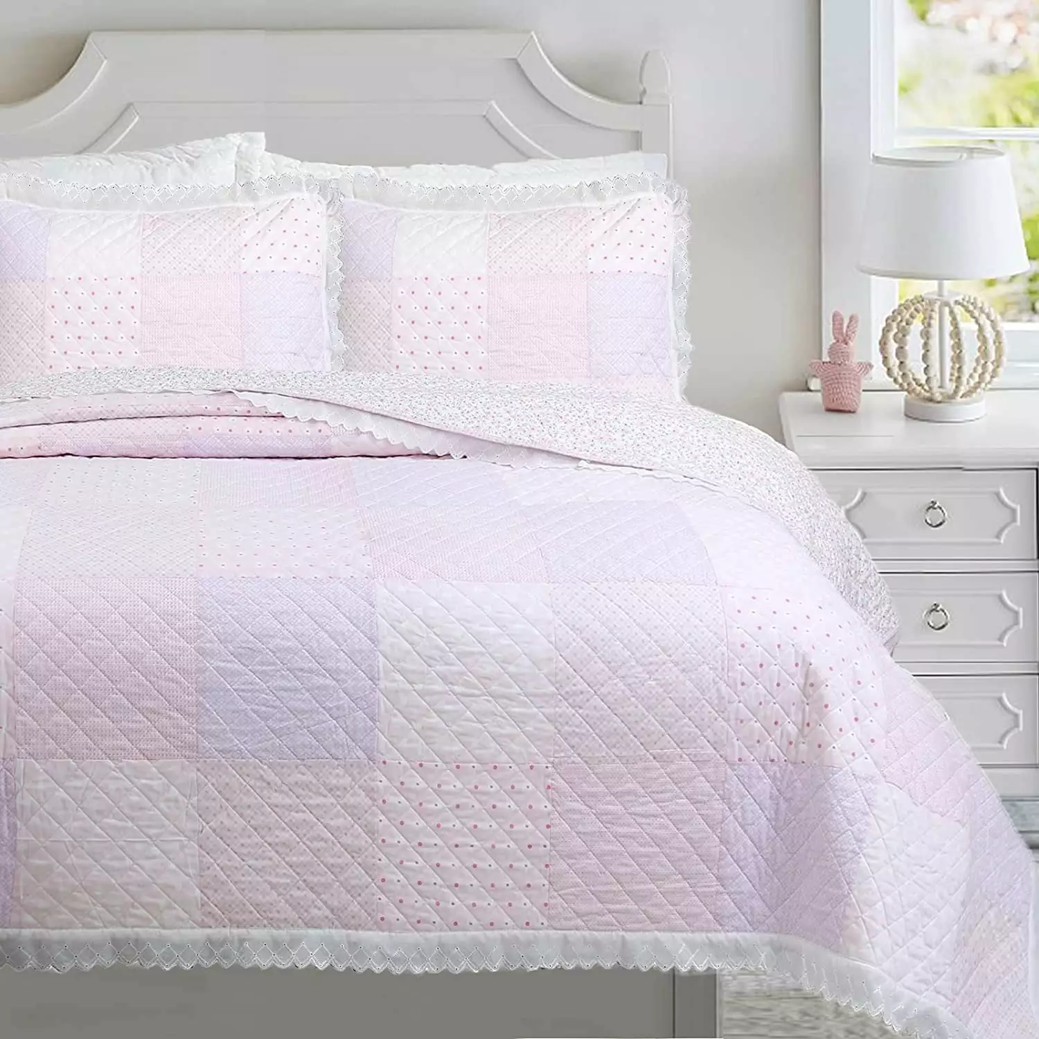 Cozy Line Home Fashions Precious Pink Floral Dot Ruffle Plaid Patchwork Cotton Queen Reversible Quilt Bedding Set