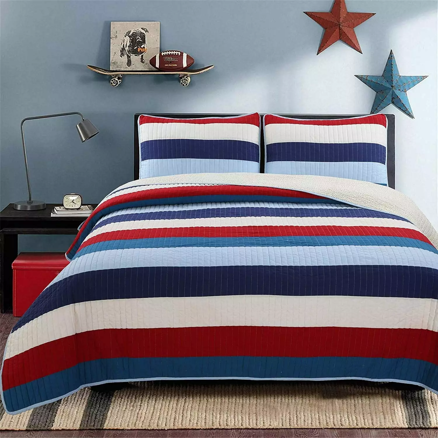 Cozy Line Home Fashions Ressler Stripe Reversible Cotton Quilt Set - Blue/Ivory/Red Queen 3 Piece