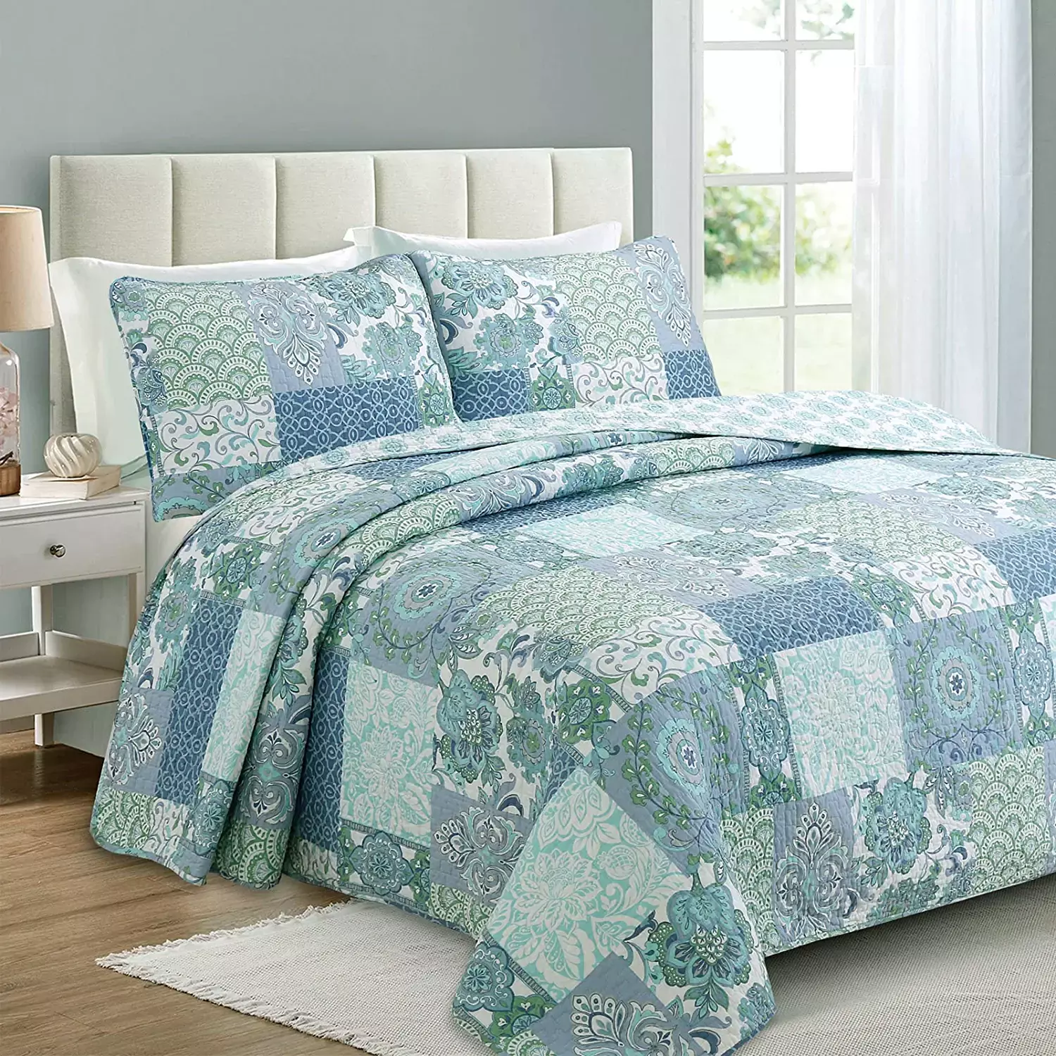 Cozy Line Home Fashions Windfall Blue Green Floral 3-Piece 100% Cotton Quilt Bedding Set. King